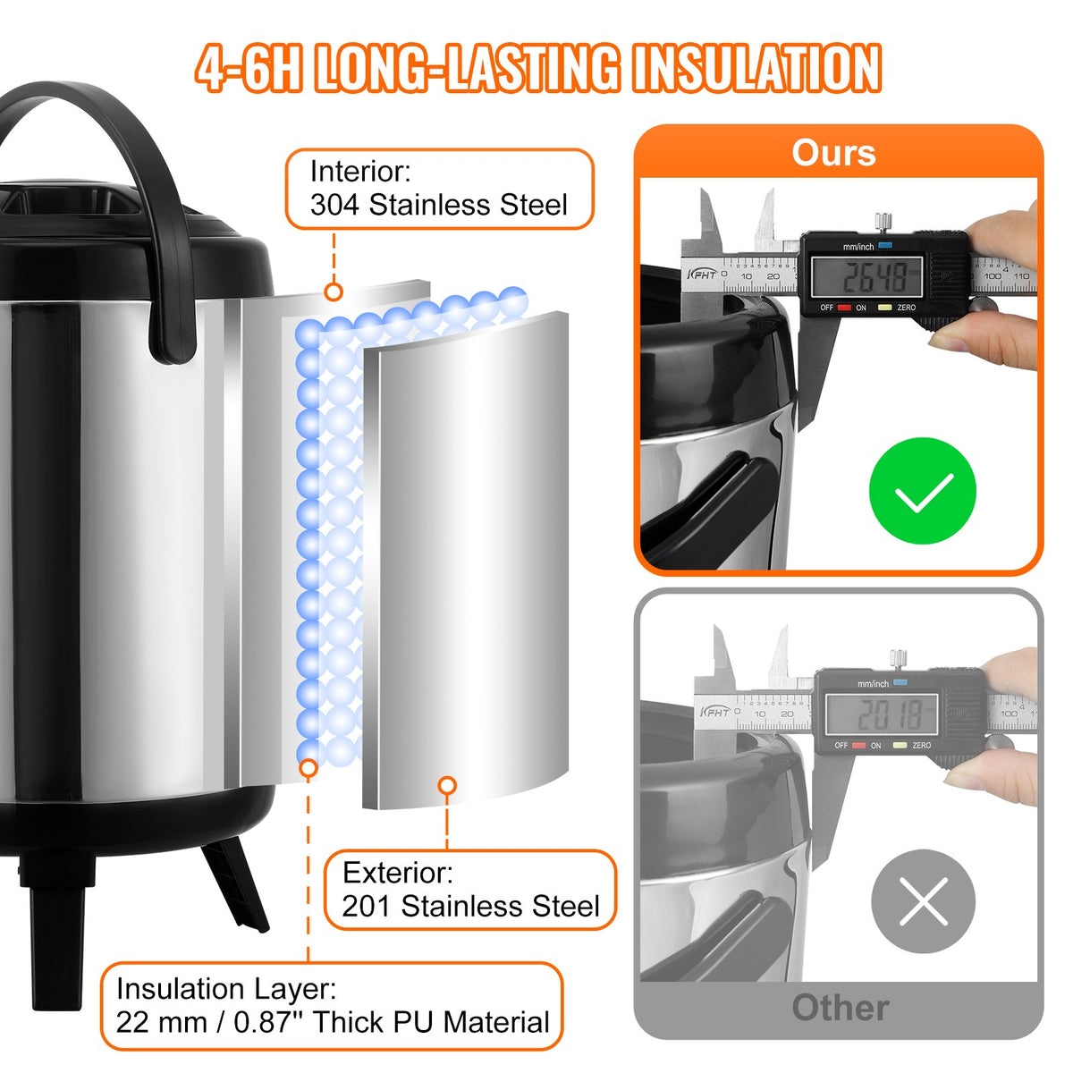 6L Stainless Steel Insulated Beverage Dispenser with Spigot and Handle