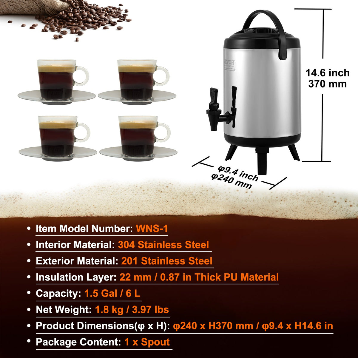 6L Stainless Steel Insulated Beverage Dispenser with Spigot and Handle