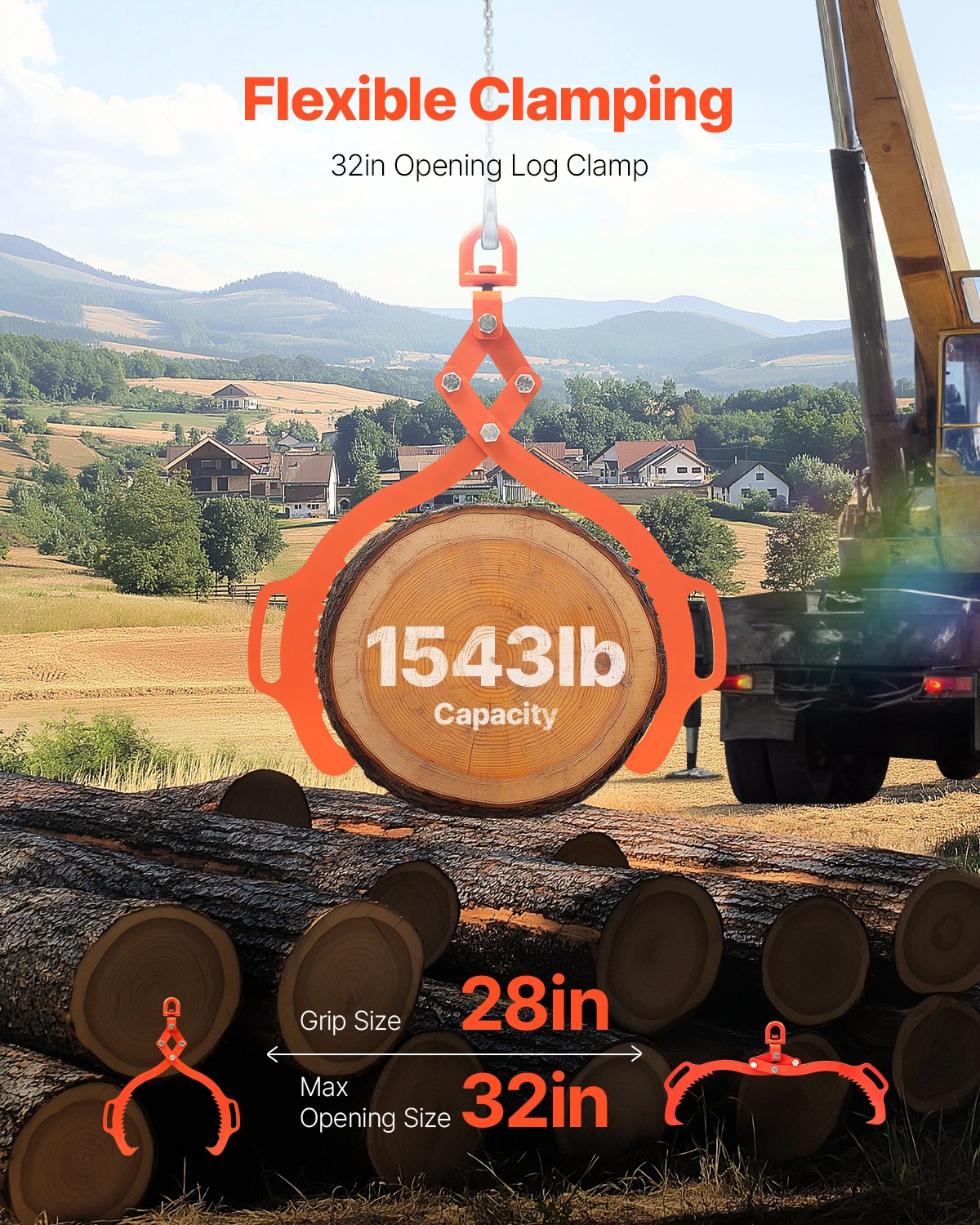 32in Log Lifting Tongs, 2Claw Steel Grapple, 1543LBS Capacity, Eagle Claw Design