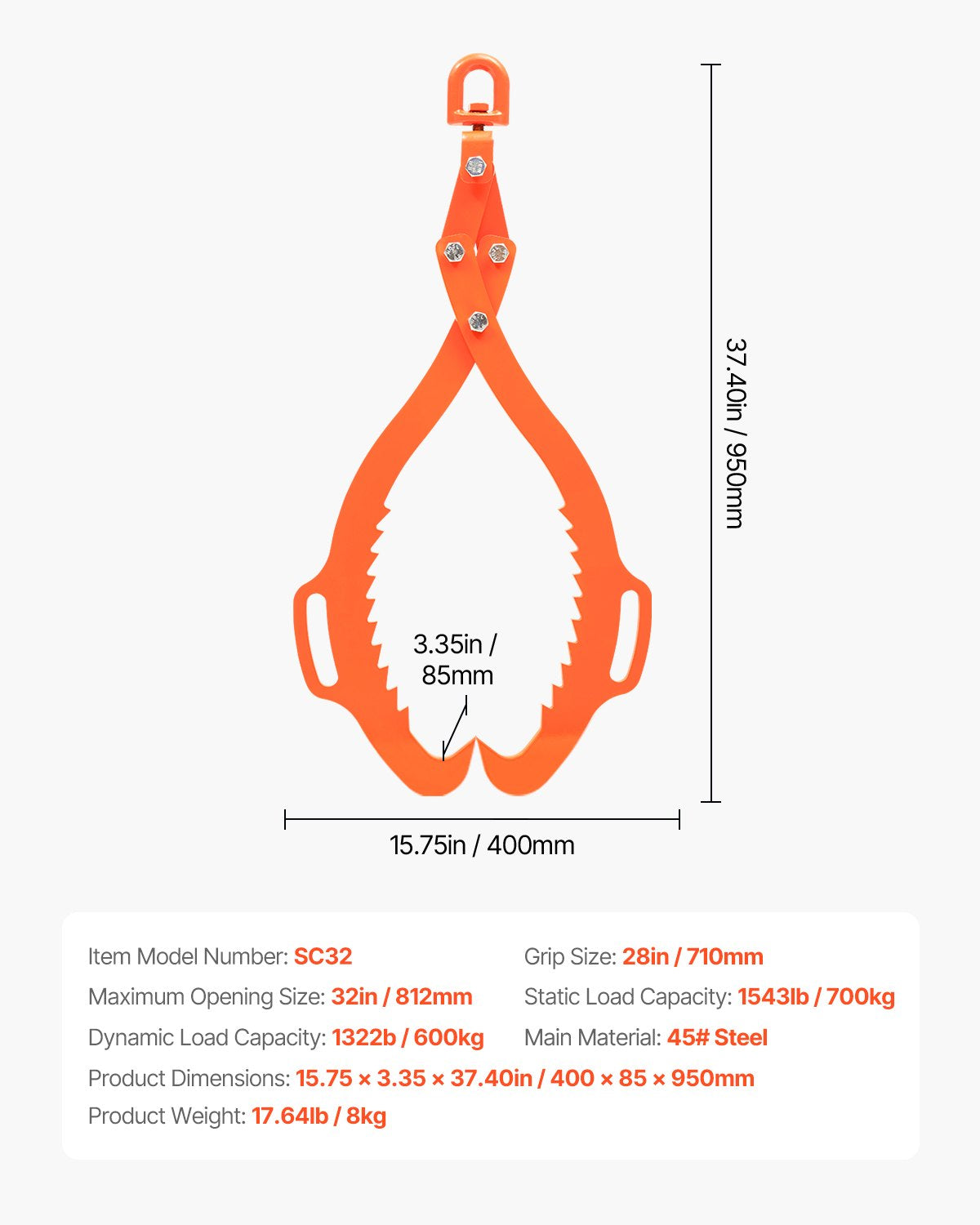 32in Log Lifting Tongs, 2Claw Steel Grapple, 1543LBS Capacity, Eagle Claw Design