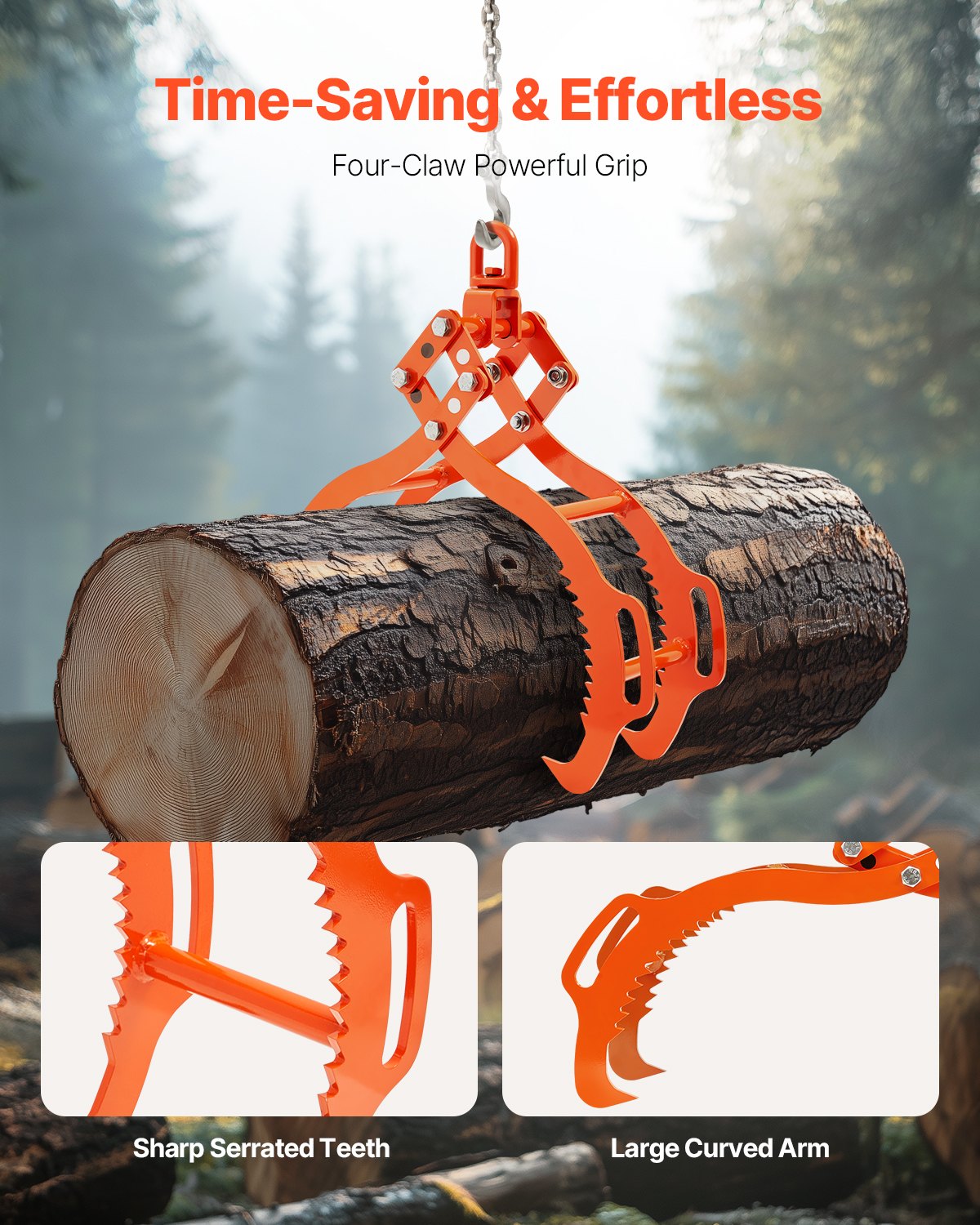 Log Lifting Tongs 711mm 4-Claw Heavy Duty Steel 1000KG Swivel Eagle Claw Design