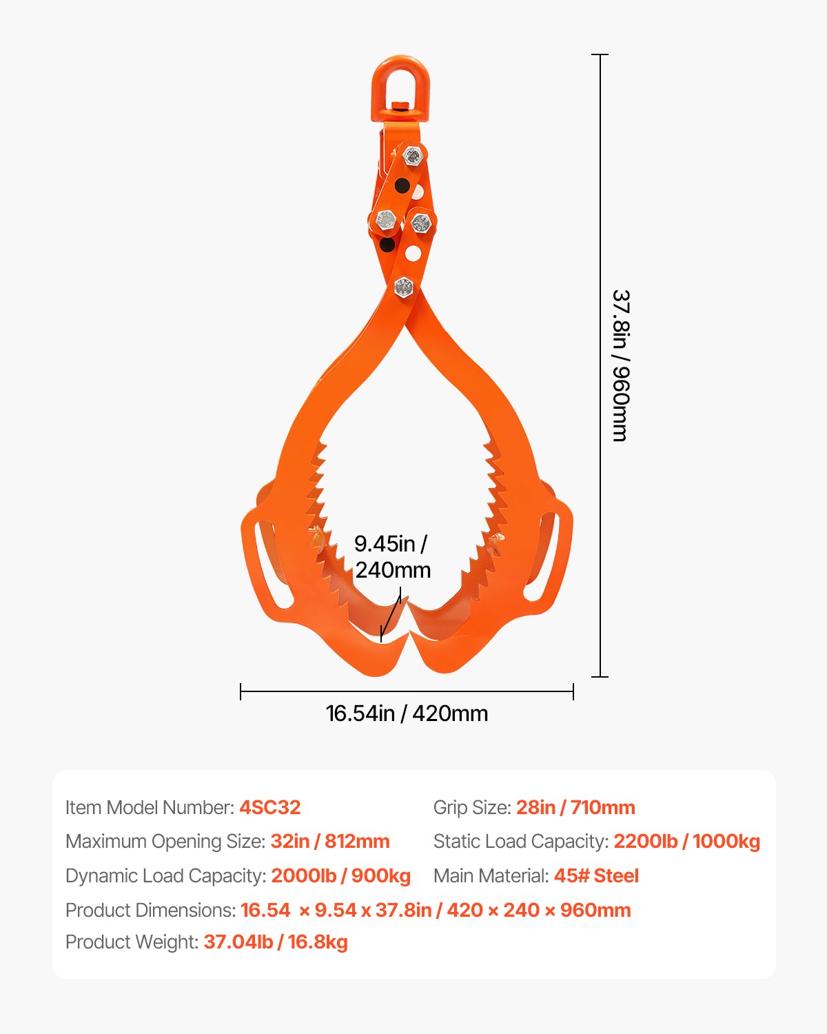 Log Lifting Tongs 711mm 4-Claw Heavy Duty Steel 1000KG Swivel Eagle Claw Design