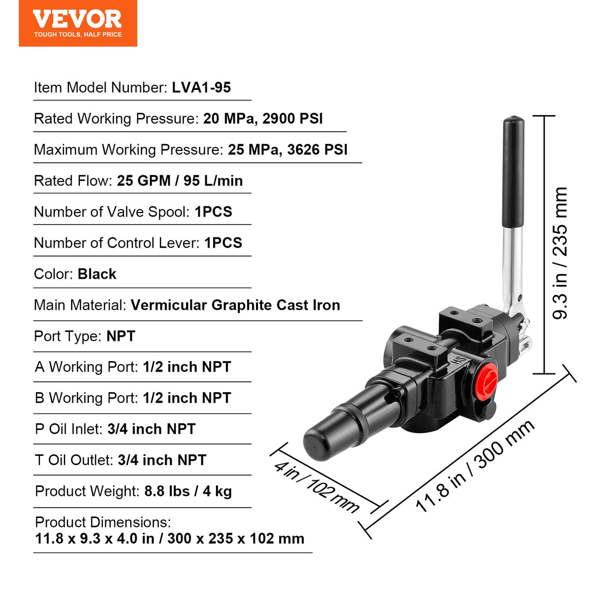 Hydraulic Log Splitter Valve 1 Spool 25 GPM Directional Control Valve