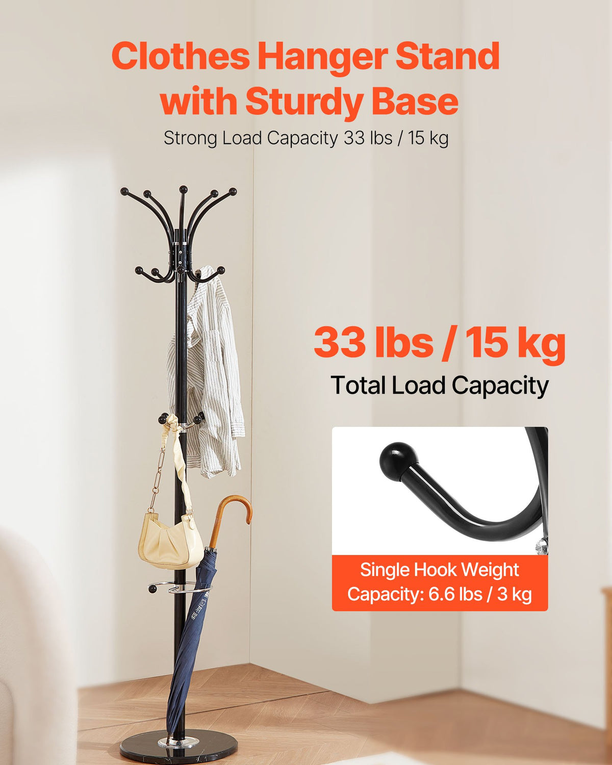 Freestanding Coat Rack Metal 14 Hooks Umbrella Holder Marble Base Entryway Stand