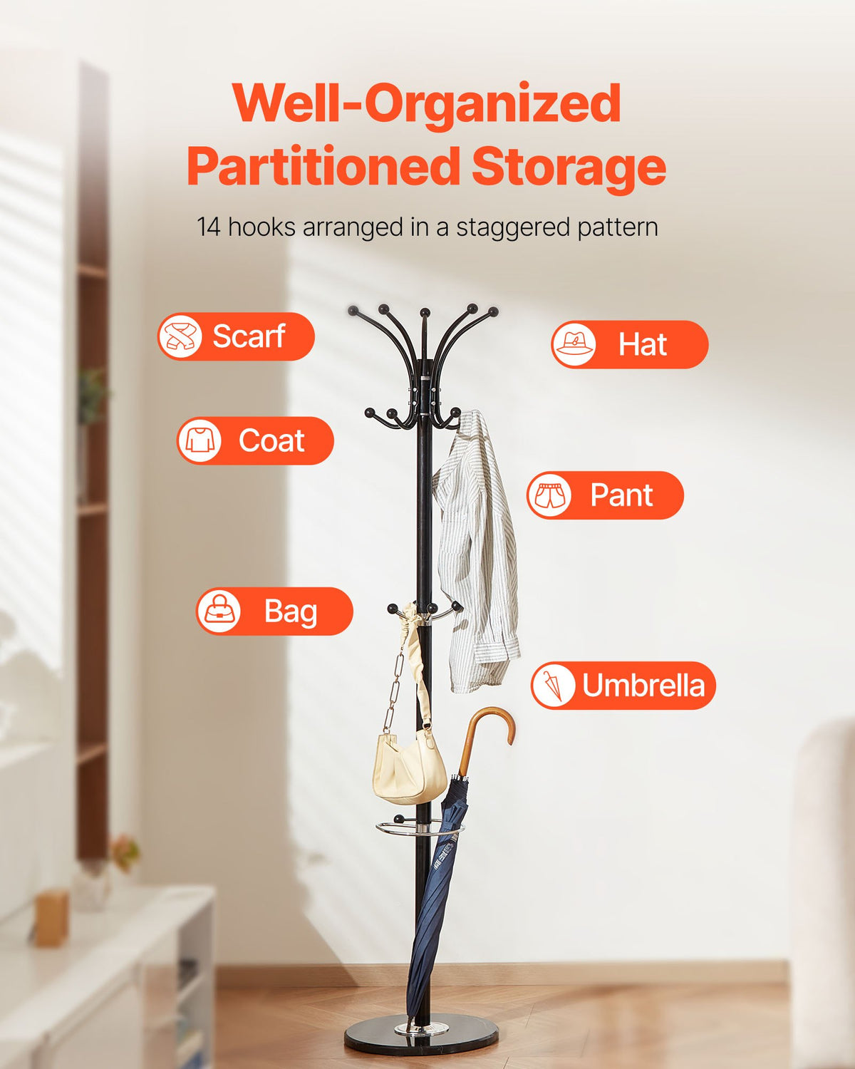 Freestanding Coat Rack Metal 14 Hooks Umbrella Holder Marble Base Entryway Stand