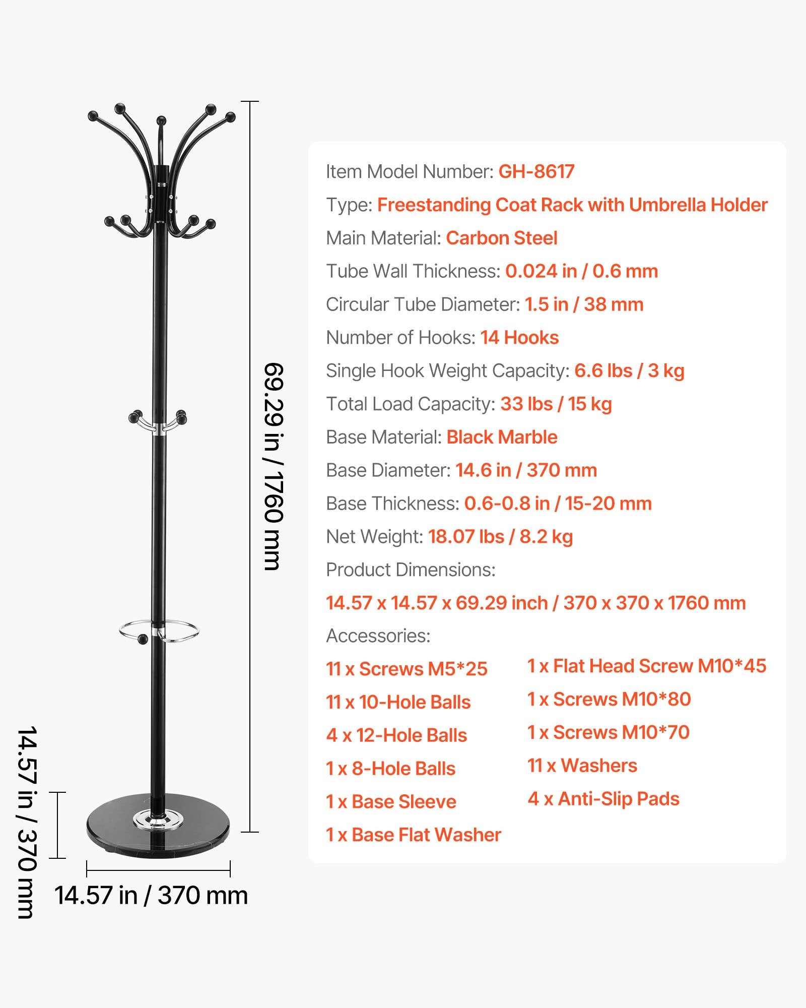 Freestanding Coat Rack Metal 14 Hooks Umbrella Holder Marble Base Entryway Stand