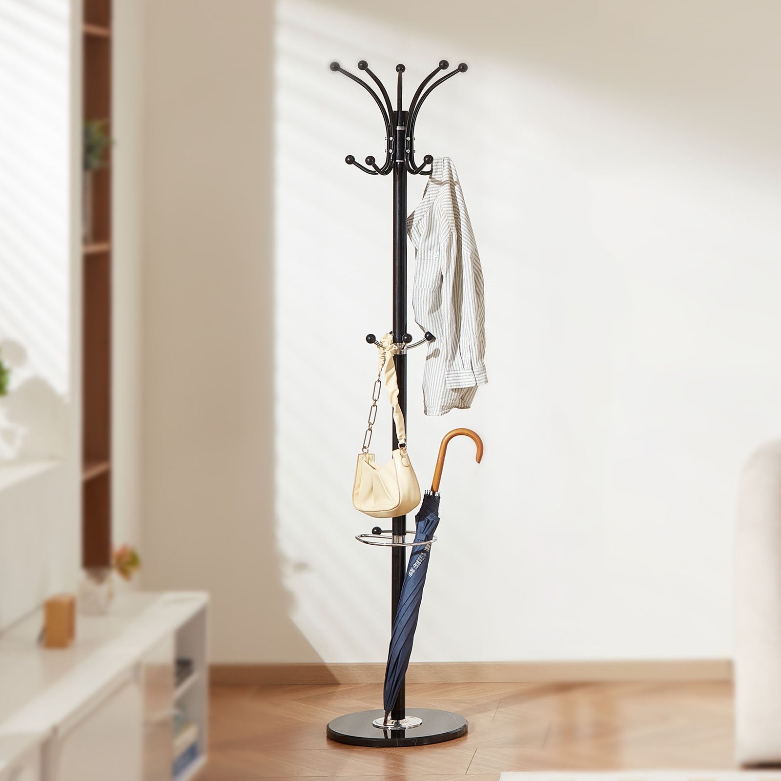 Freestanding Coat Rack Metal 14 Hooks Umbrella Holder Marble Base Entryway Stand