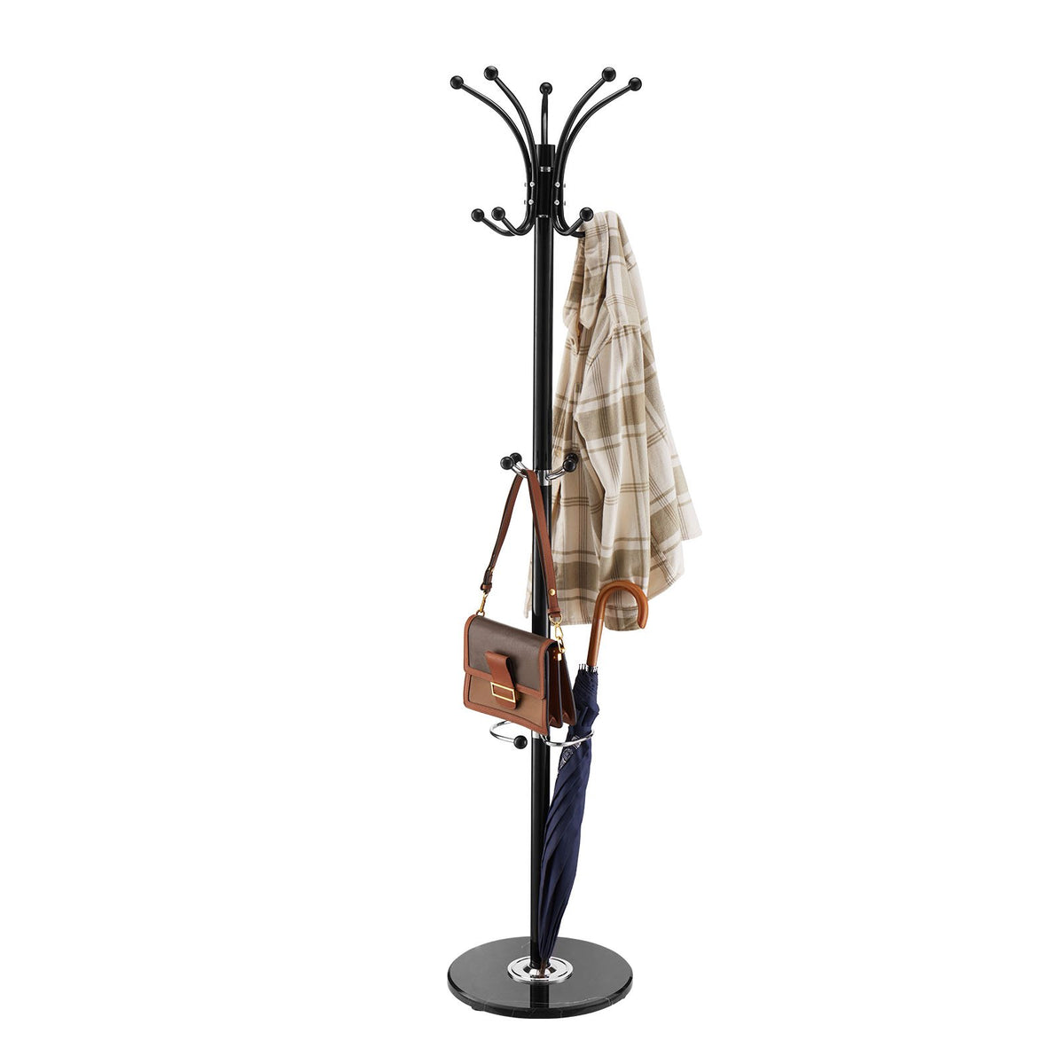 Freestanding Coat Rack Metal 14 Hooks Umbrella Holder Marble Base Entryway Stand