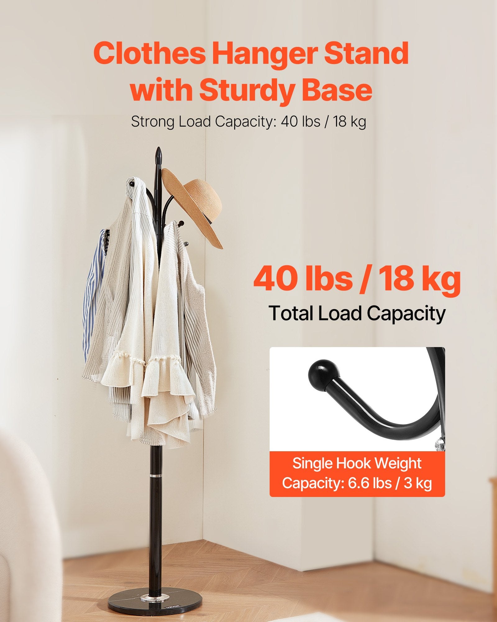 Coat Rack Freestanding Marble Base 6 Hooks Entryway Bedroom Office Modern Stand