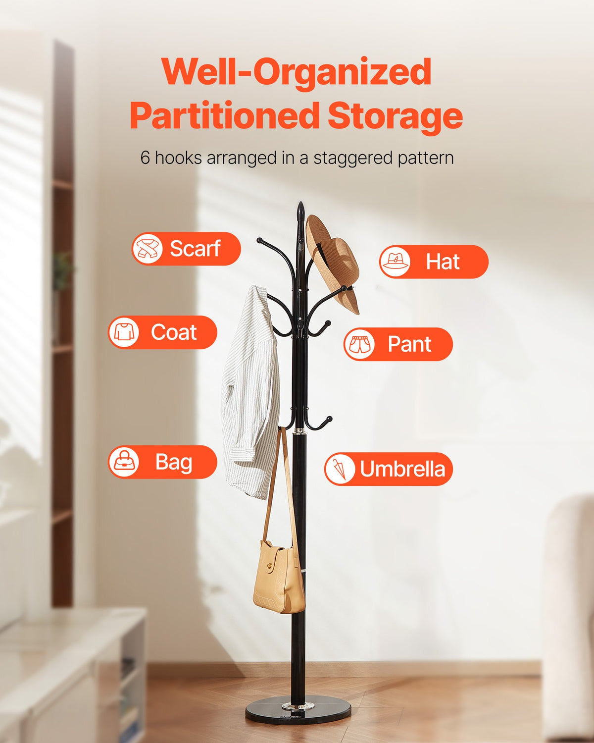 Coat Rack Freestanding Marble Base 6 Hooks Entryway Bedroom Office Modern Stand
