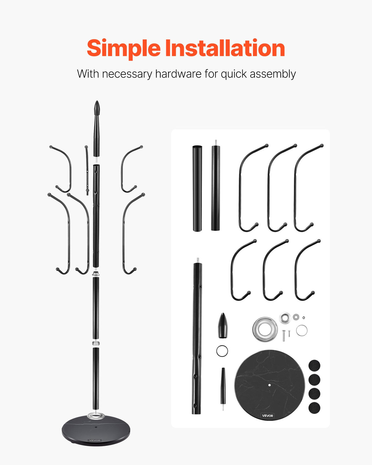 Coat Rack Freestanding Marble Base 6 Hooks Entryway Bedroom Office Modern Stand