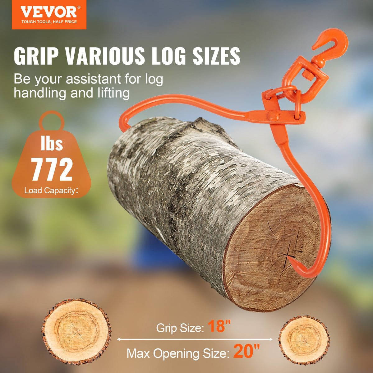 Log Skidding Tongs 45.7cm 2-Claw Heavy Duty Rotating Steel Log Lifting Tool
