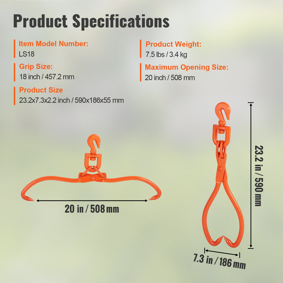 Log Skidding Tongs 45.7cm 2-Claw Heavy Duty Rotating Steel Log Lifting Tool