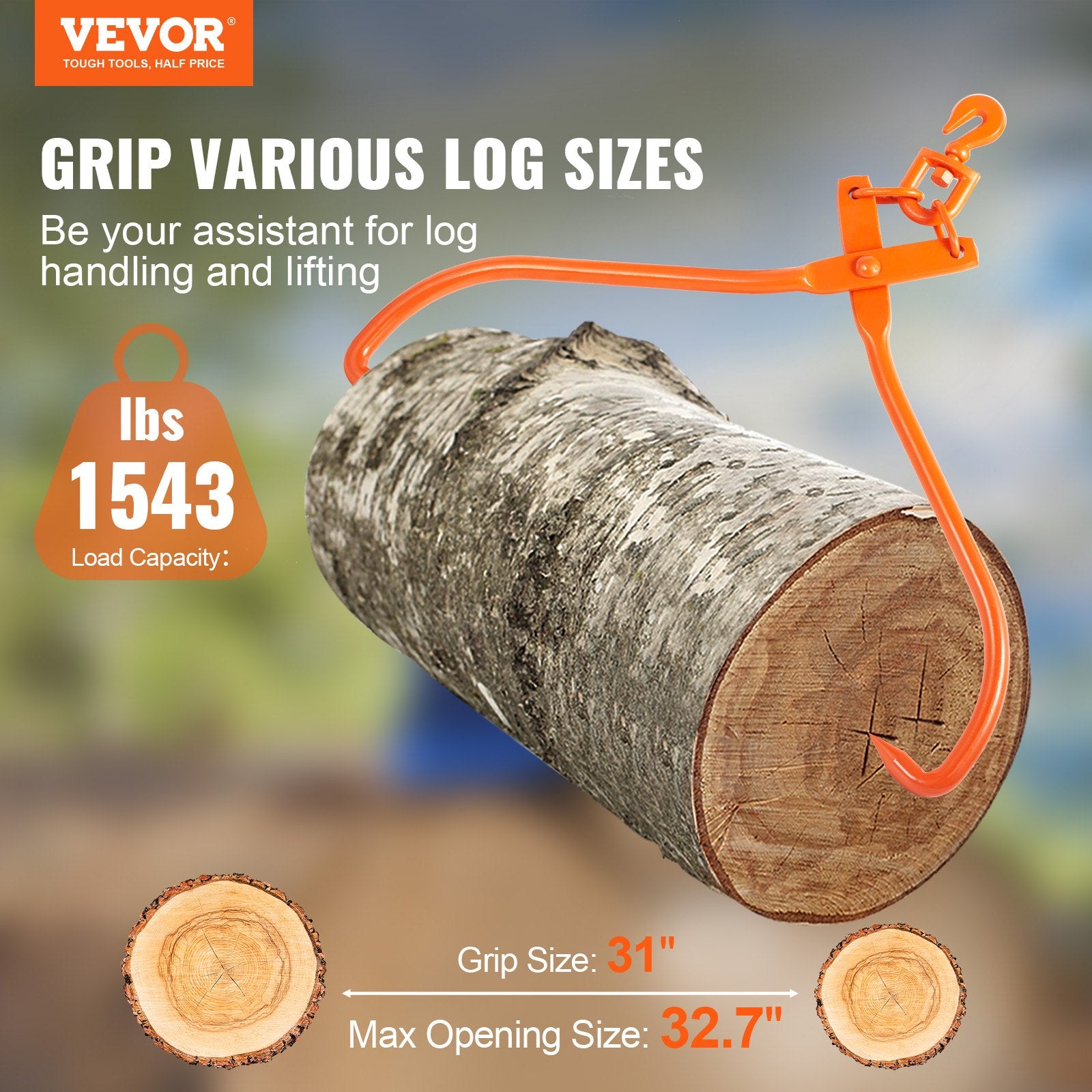 Log Skidding Tongs 81.3cm 2-Claw Rotating Steel Lumber Lifting Tool 700kg