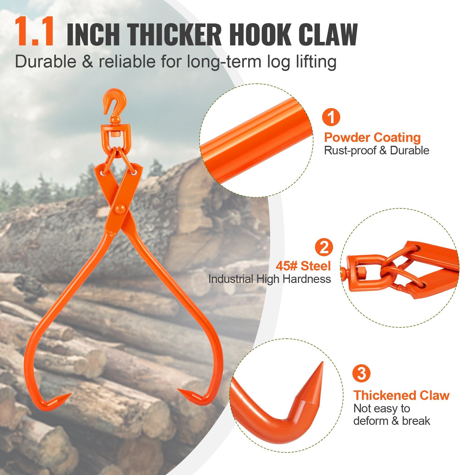 Log Skidding Tongs 81.3cm 2-Claw Rotating Steel Lumber Lifting Tool 700kg