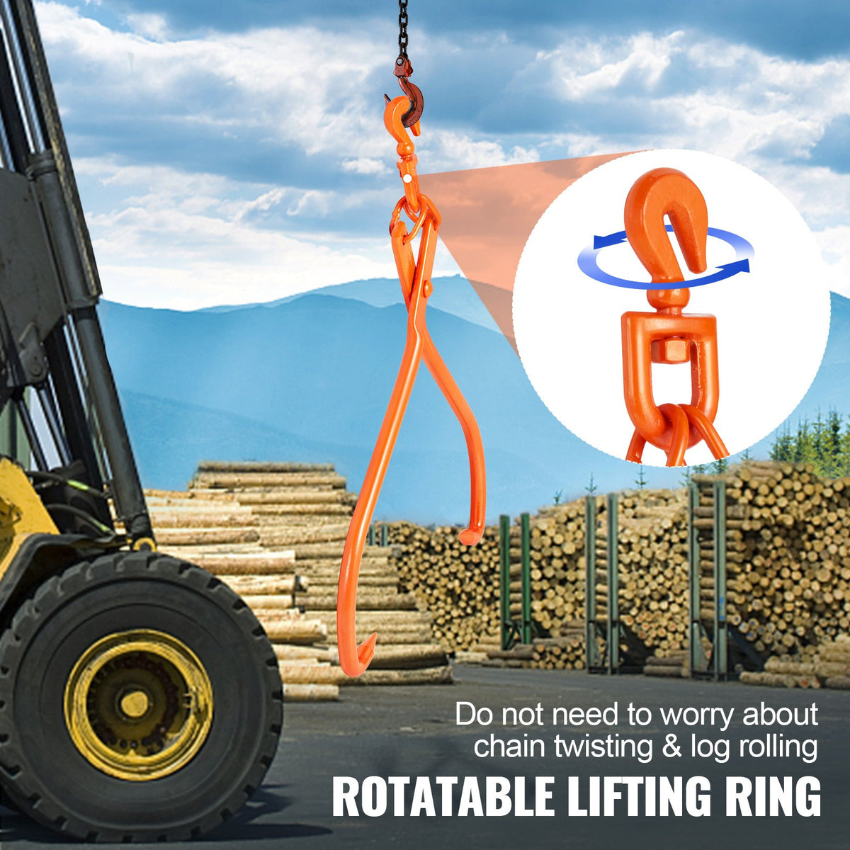 Log Skidding Tongs 81.3cm 2-Claw Rotating Steel Lumber Lifting Tool 700kg