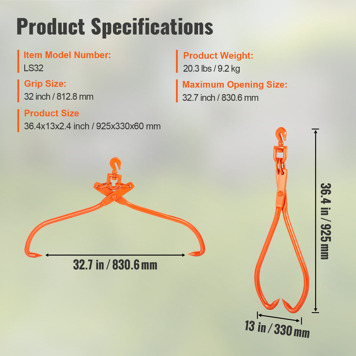 Log Skidding Tongs 81.3cm 2-Claw Rotating Steel Lumber Lifting Tool 700kg