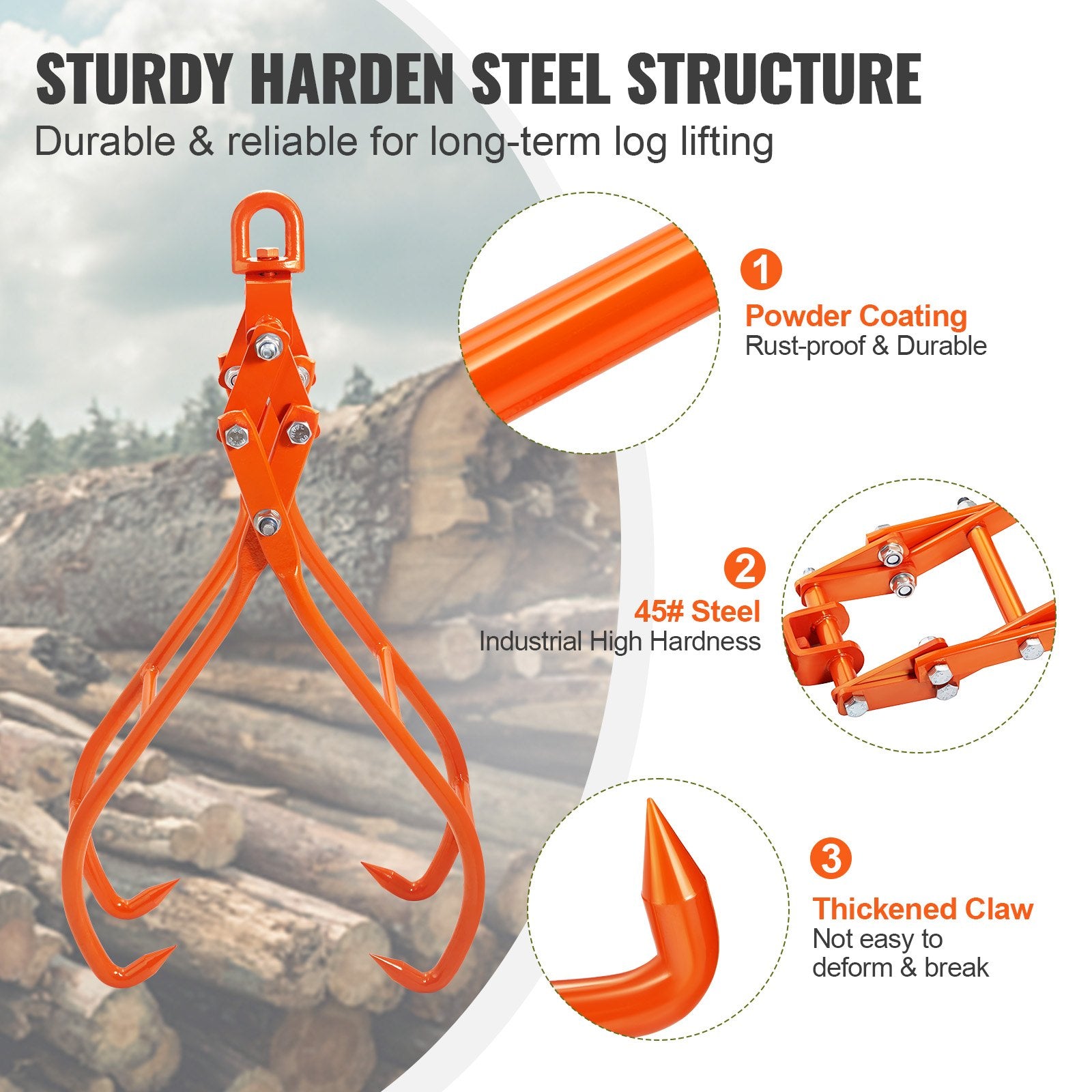 36 Inch Timber Claw Hook 4-Claw Log Grapple 1500kg Swivel Steel Tongs