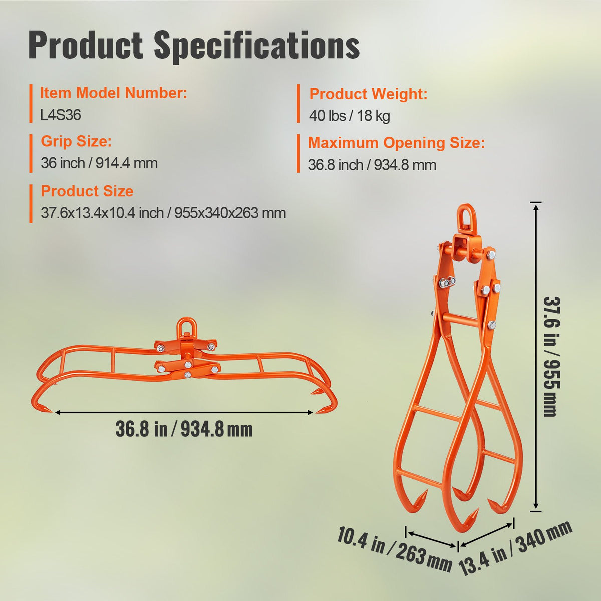 36 Inch Timber Claw Hook 4-Claw Log Grapple 1500kg Swivel Steel Tongs