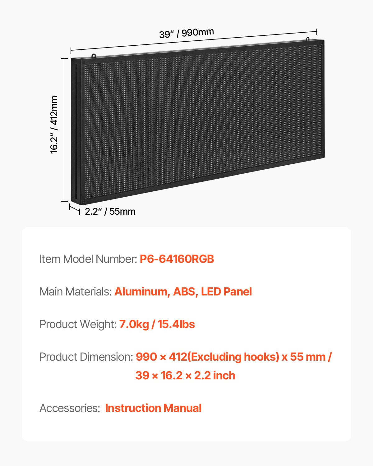 Programmable LED Sign P6 Full Color Scrolling Panel 40x18in Bluetooth APP