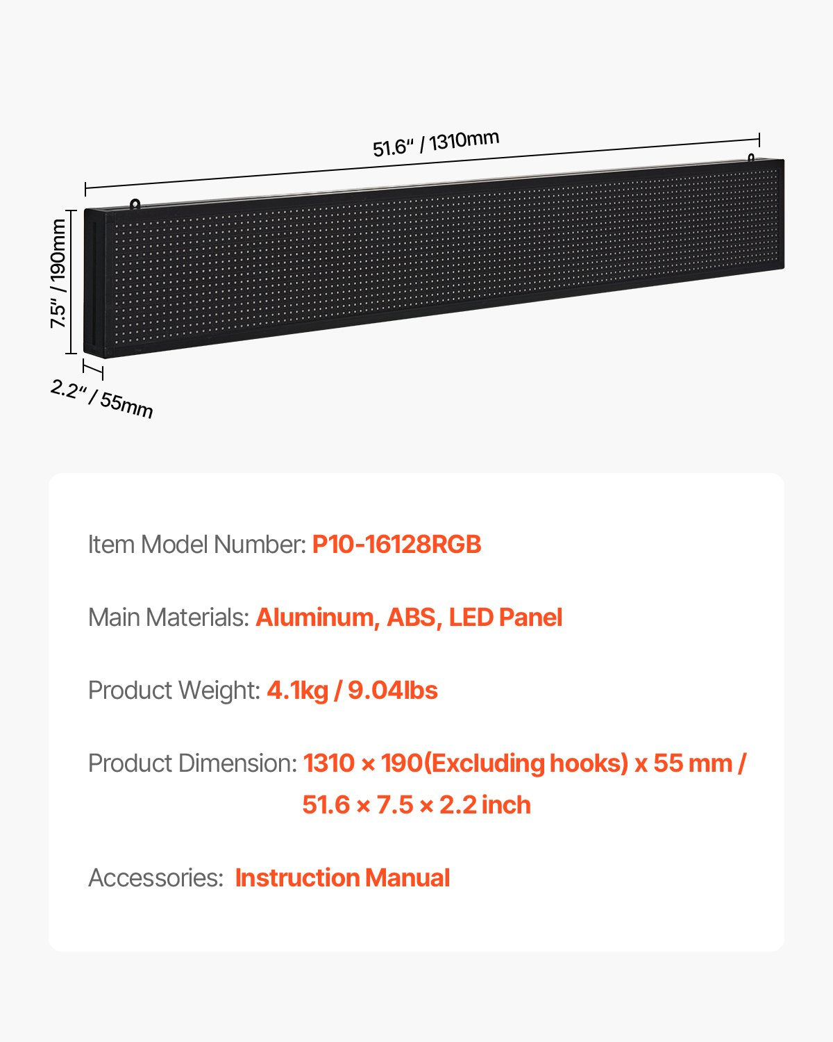 Programmable LED Sign P10 Full Color Flexible Digital Scrolling Board 52x8"