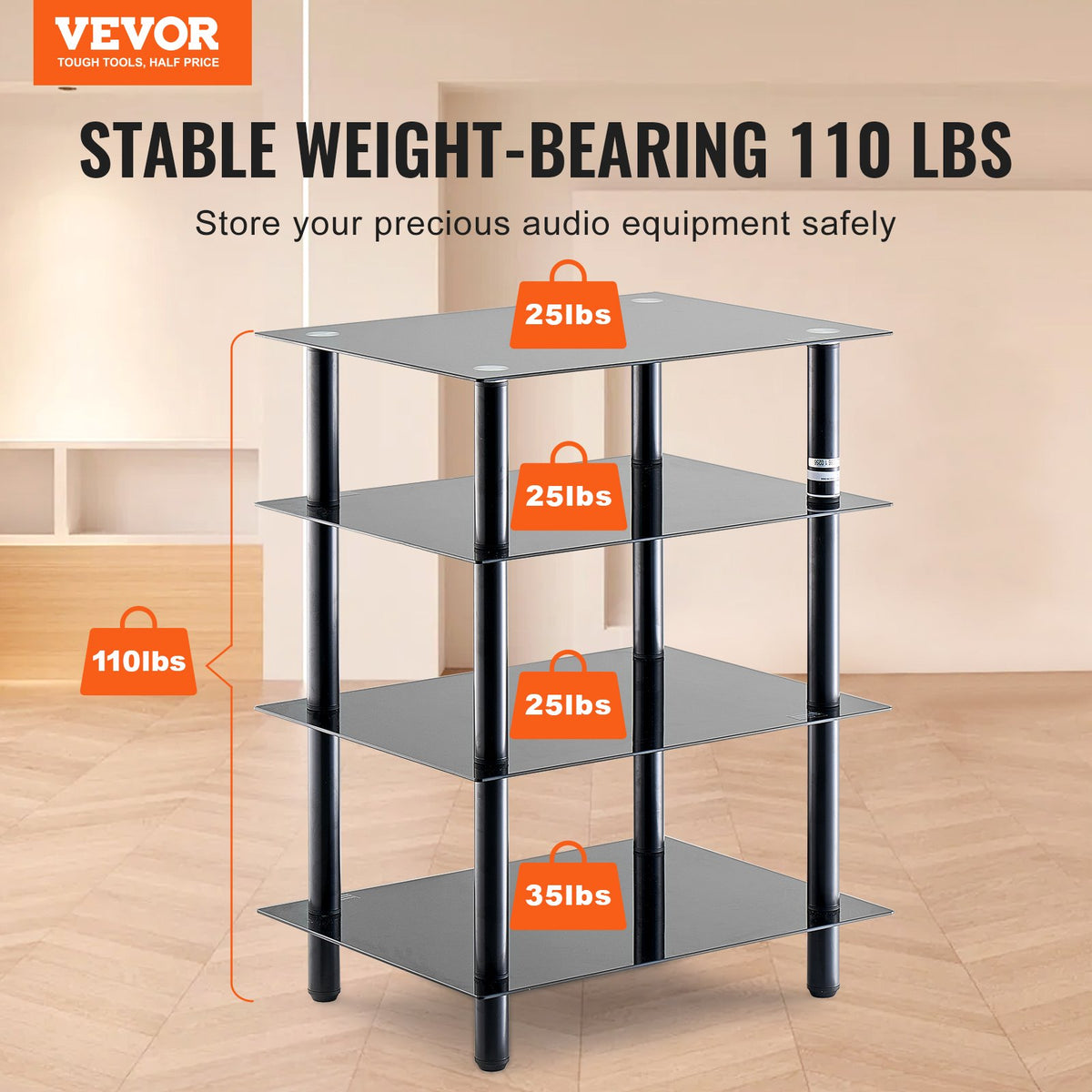 4-Tier AV Media Stand Tempered Glass Shelves Storage Cabinet Gaming Room