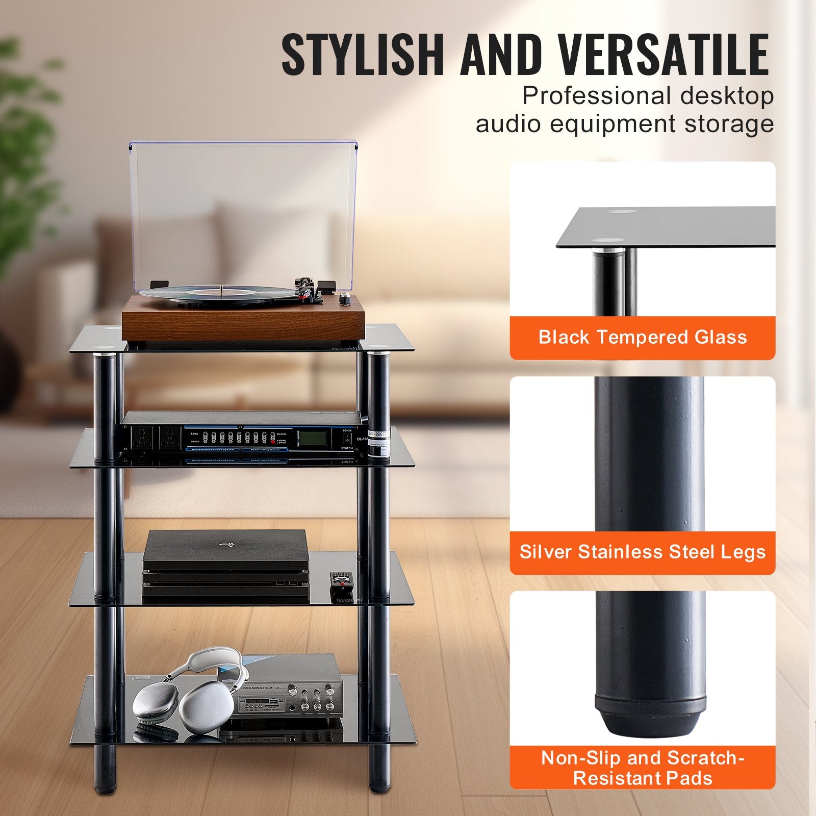 4-Tier AV Media Stand Tempered Glass Shelves Storage Cabinet Gaming Room
