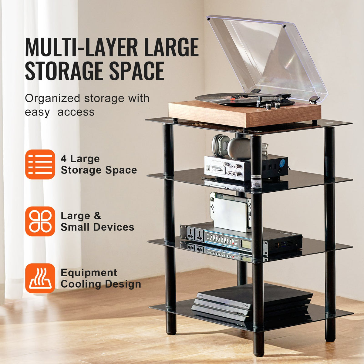4-Tier AV Media Stand Tempered Glass Shelves Storage Cabinet Gaming Room