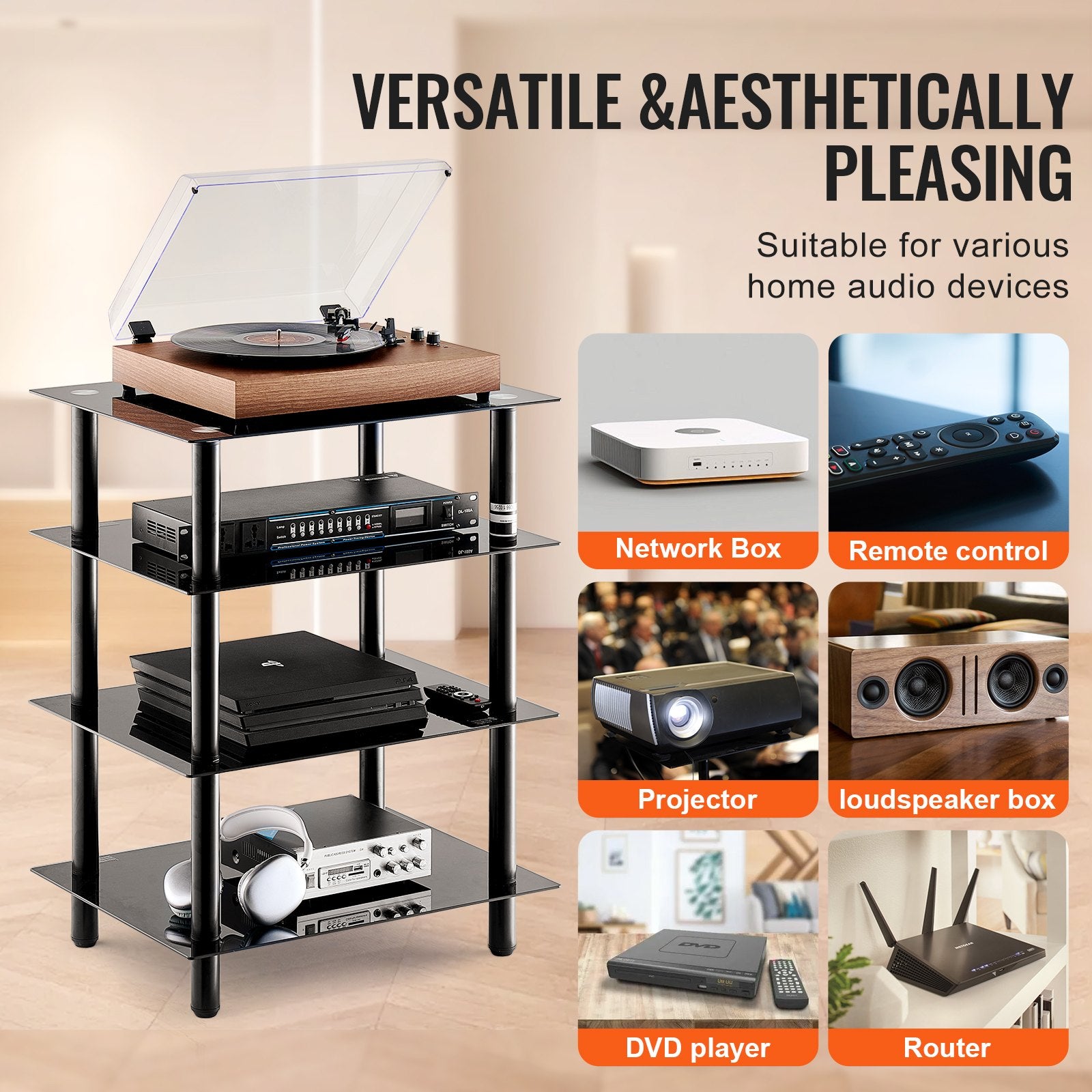 4-Tier AV Media Stand Tempered Glass Shelves Storage Cabinet Gaming Room