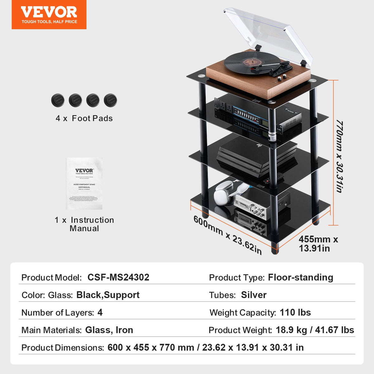 4-Tier AV Media Stand Tempered Glass Shelves Storage Cabinet Gaming Room