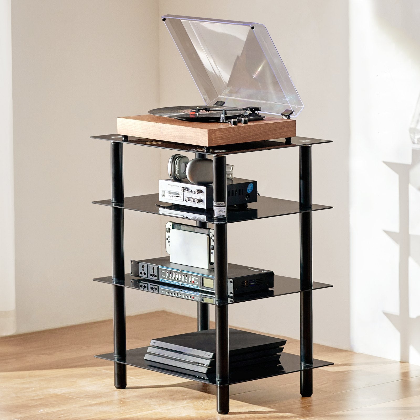 4-Tier AV Media Stand Tempered Glass Shelves Storage Cabinet Gaming Room