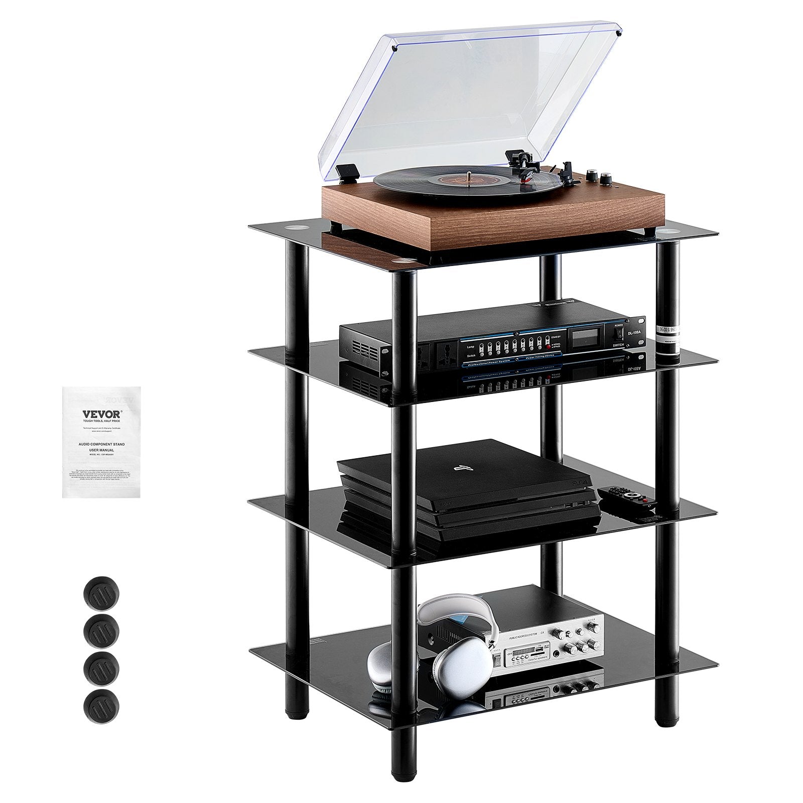 4-Tier AV Media Stand Tempered Glass Shelves Storage Cabinet Gaming Room
