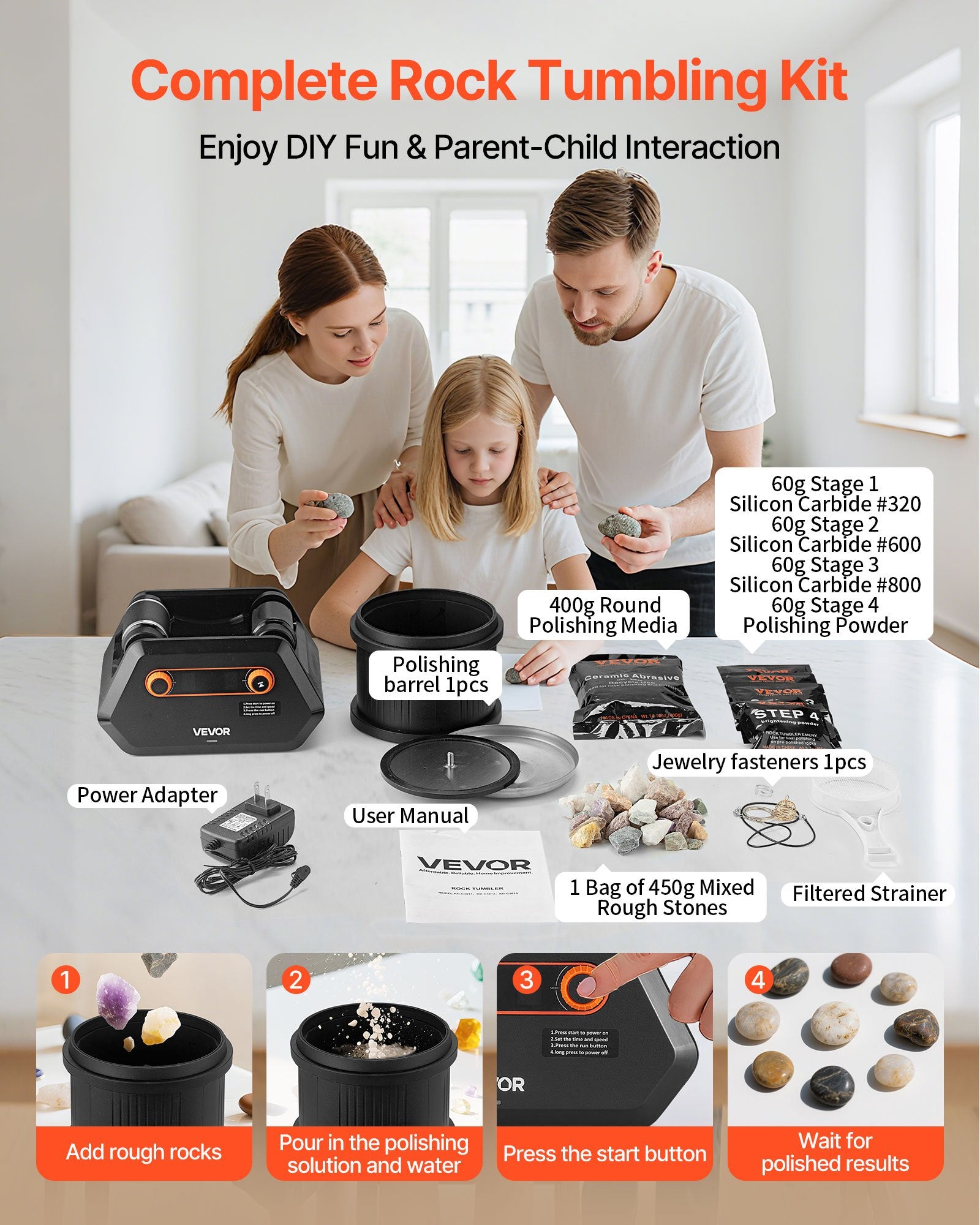 Rock Tumbler Kit 3lbs 4-Speed 9-Day Polisher Stones Grits Adults Kids