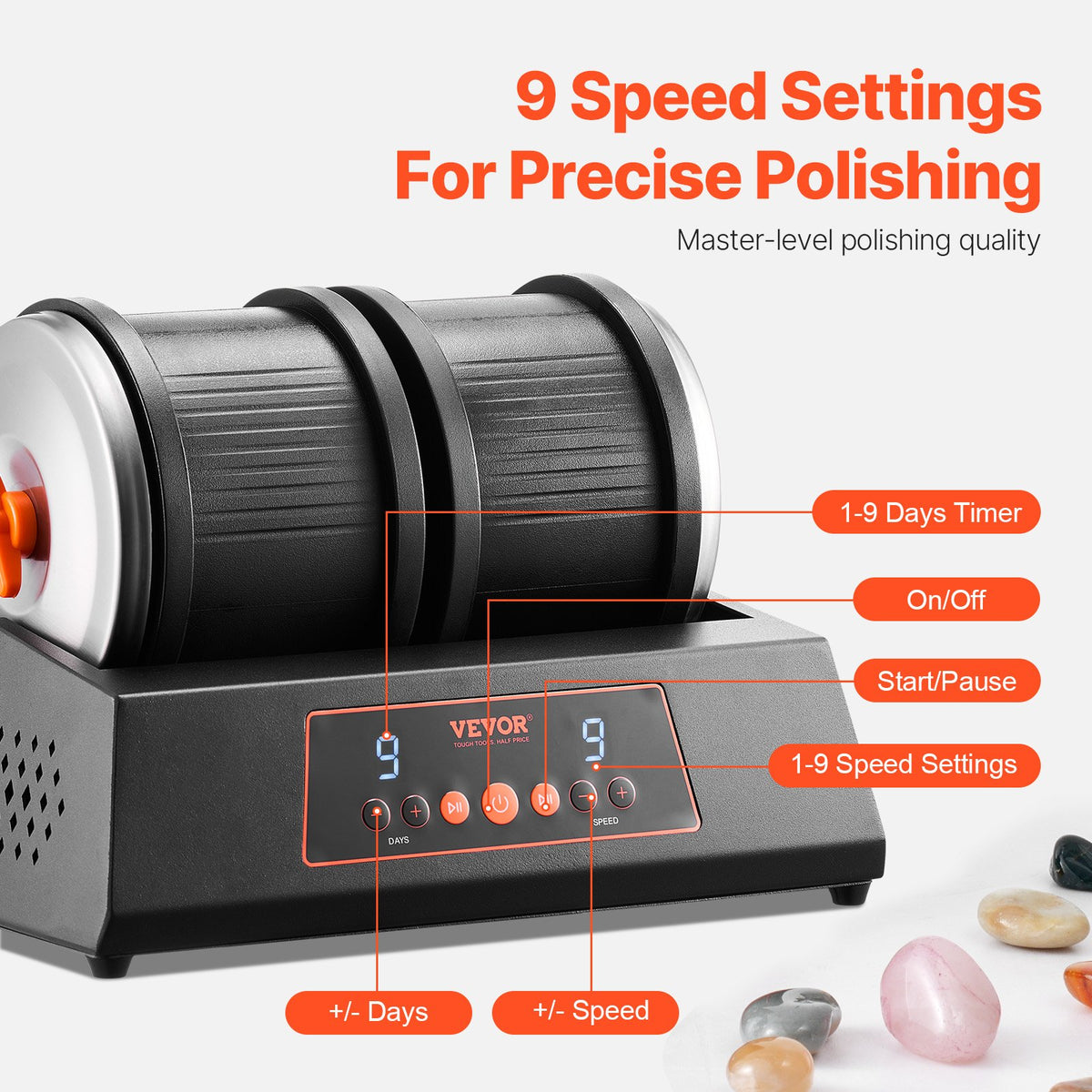 Rock Tumbler Machine 8lbs Dual Barrel 9-Speed 9-Day Silent Polisher Black