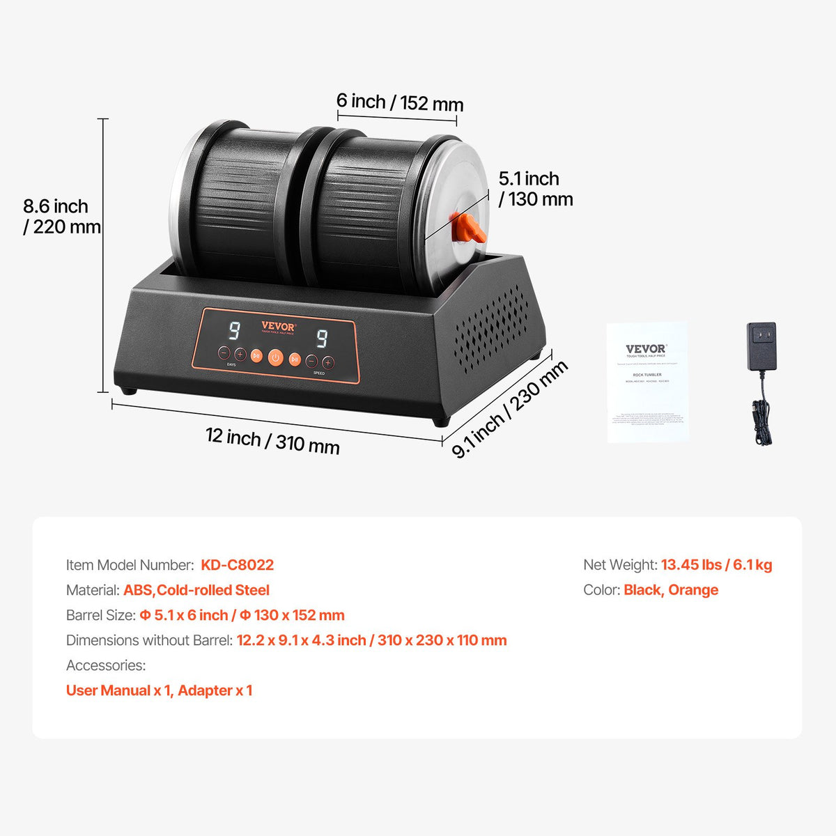 Rock Tumbler Machine 8lbs Dual Barrel 9-Speed 9-Day Silent Polisher Black