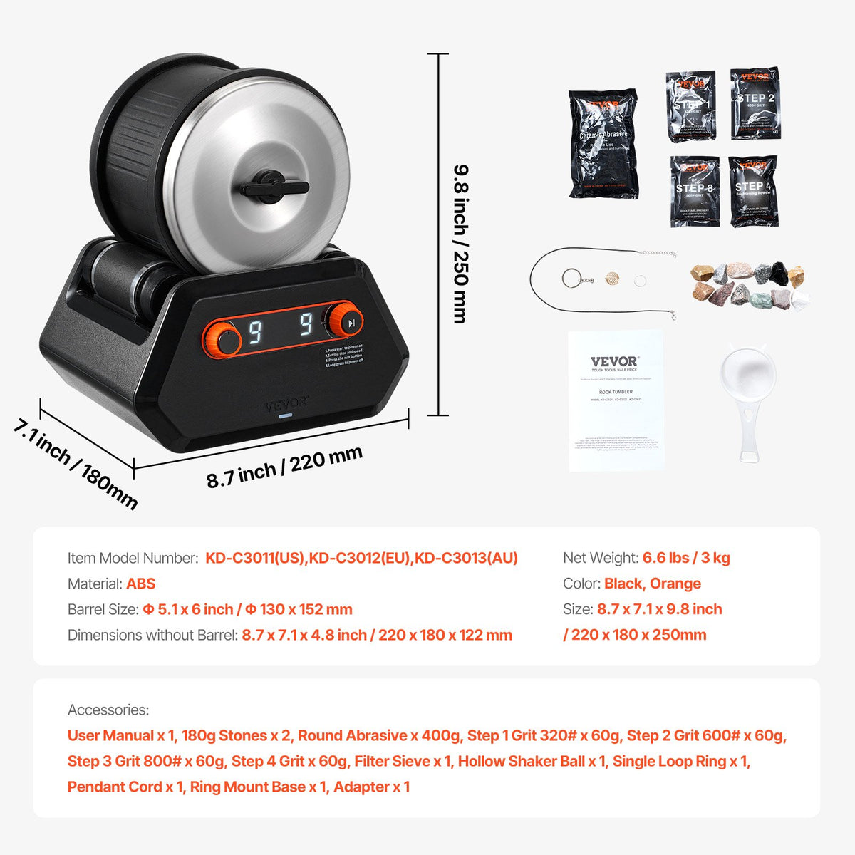 Rock Tumbler Kit 4lbs 9-Speed 9-Day Polisher Stones Grits for Kids Adults