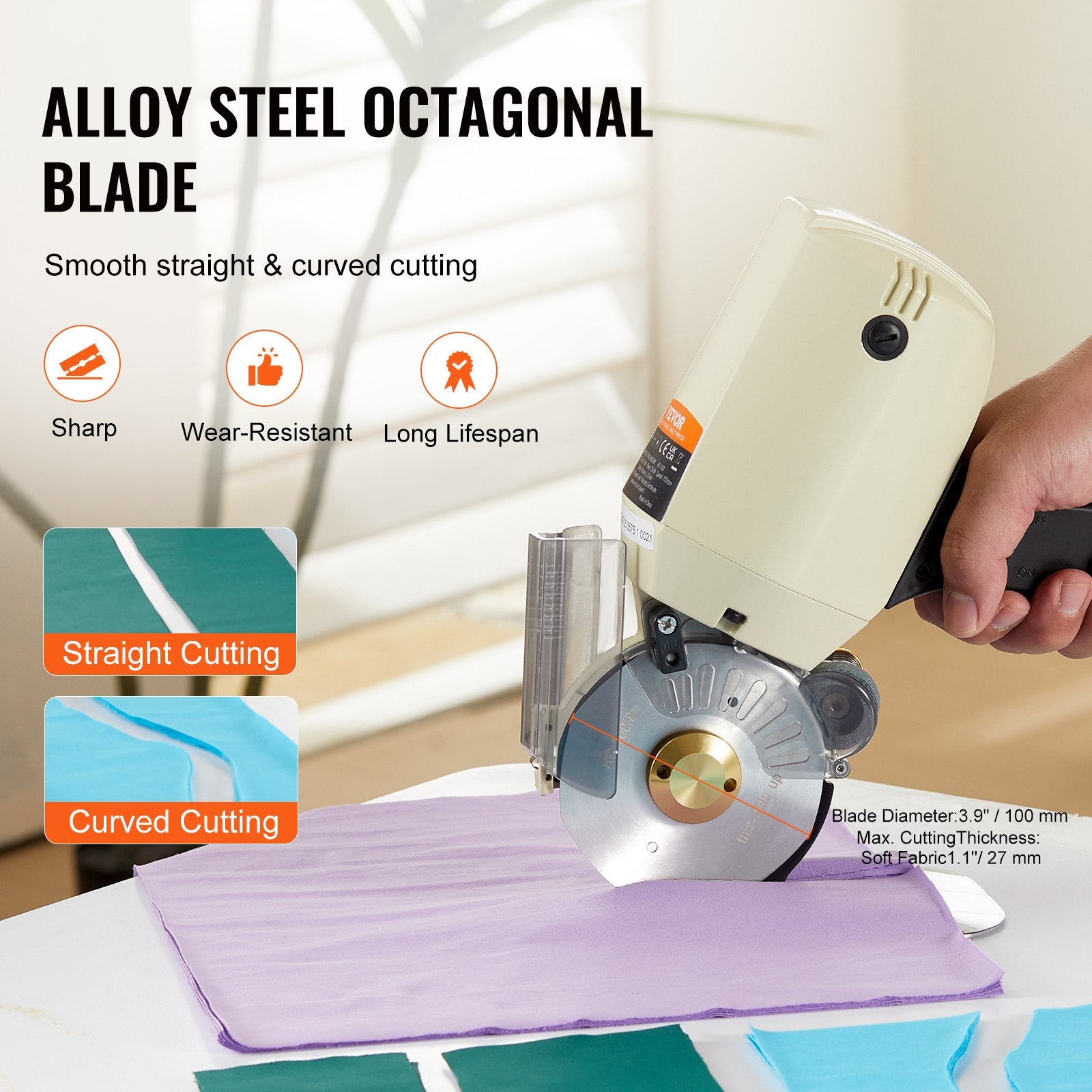 Fabric Cutter 250W Electric Rotary Machine 1.1" Octagonal Knife with Blades