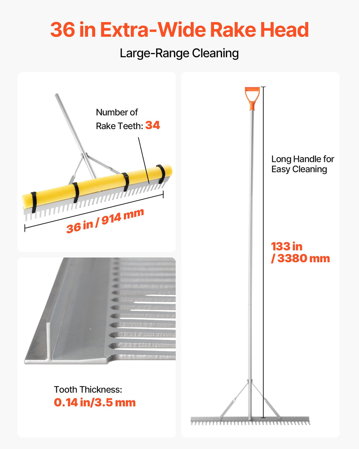 Landscape Rake 914mm Aluminum Head 2590mm Handle Heavy-Duty Yard Garden Tool