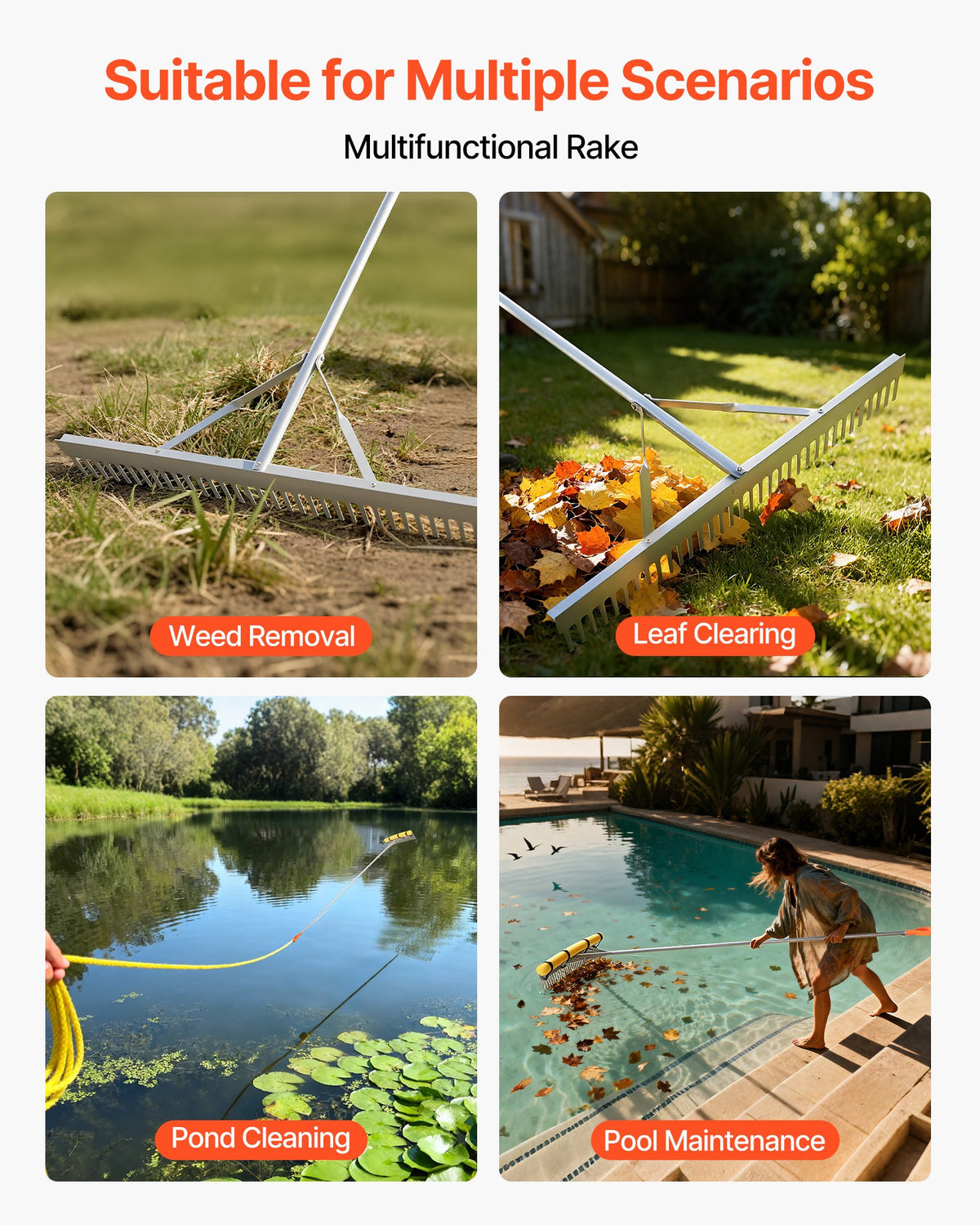 Landscape Rake 914mm Aluminum Head 3380mm Handle Heavy-Duty Yard Garden Tool