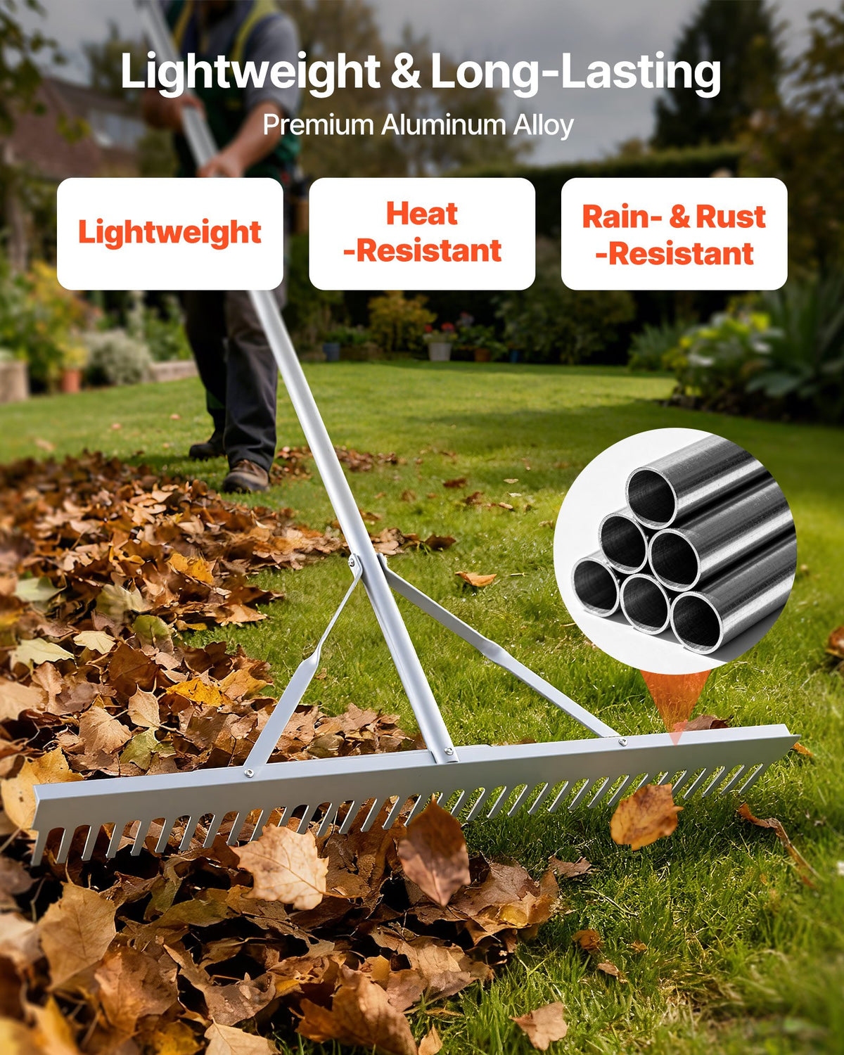 Landscape Rake 914mm Aluminum Head 3380mm Handle Heavy-Duty Yard Garden Tool
