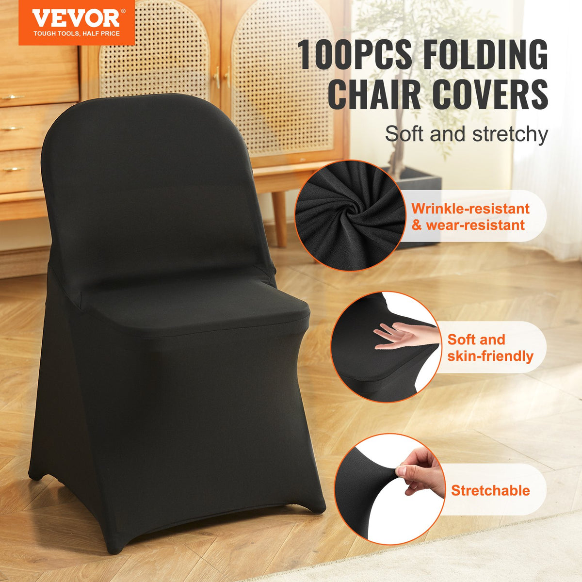 Stretch Spandex Folding Chair Covers, Universal Fitted Cover (100PCS Black)
