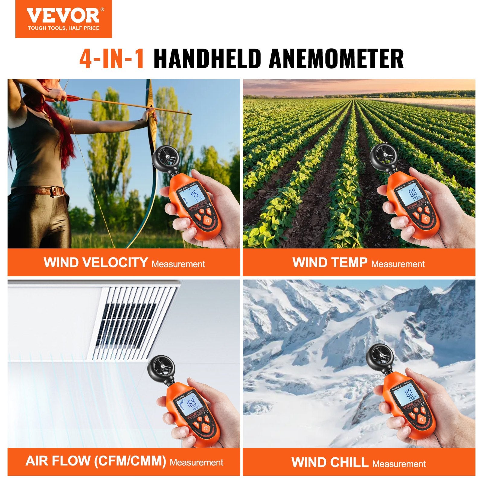 Handheld Anemometer Digital Wind Speed Meter -10℃ to 45℃ with LED Screen