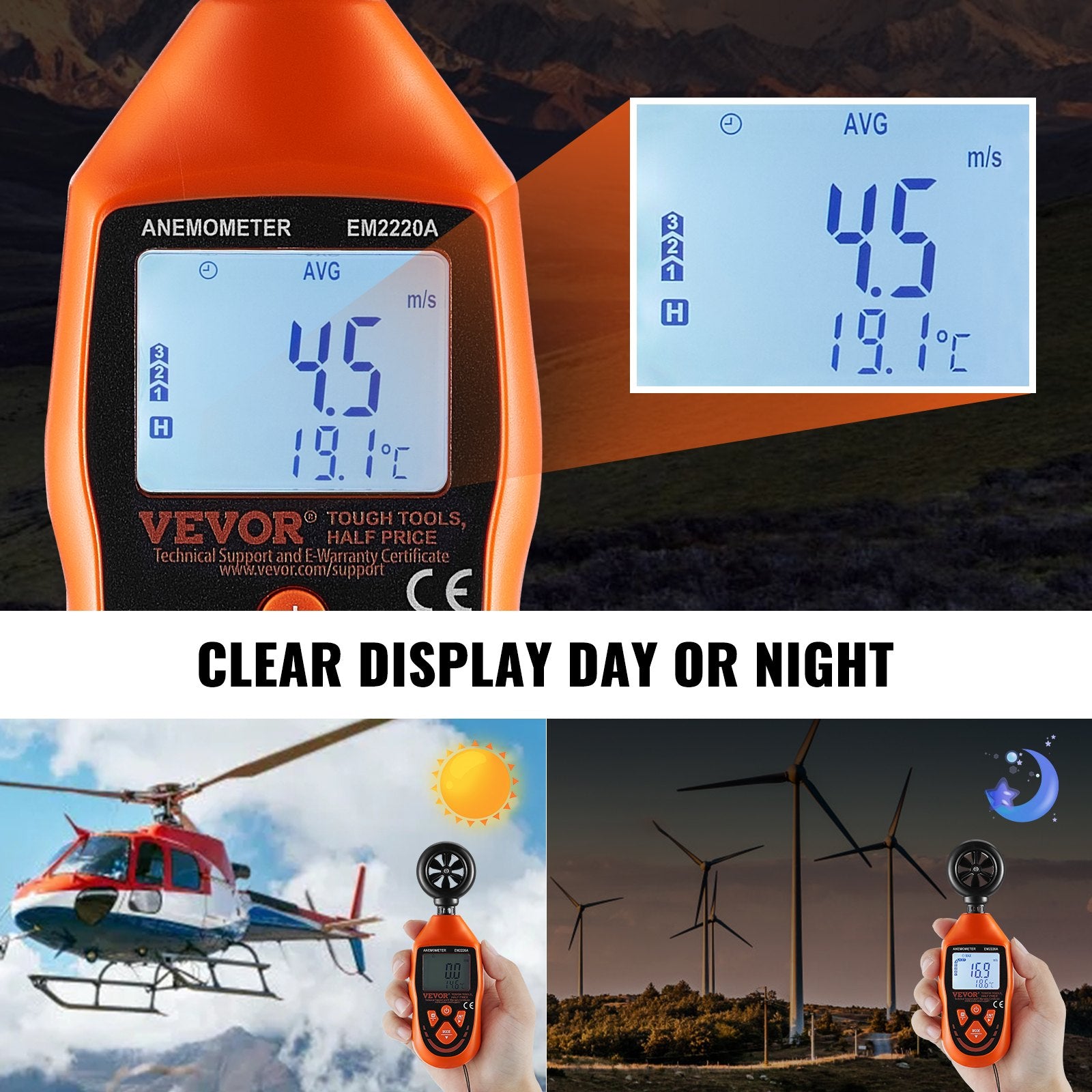 Handheld Anemometer Digital Wind Speed Meter -10℃ to 45℃ with LED Screen