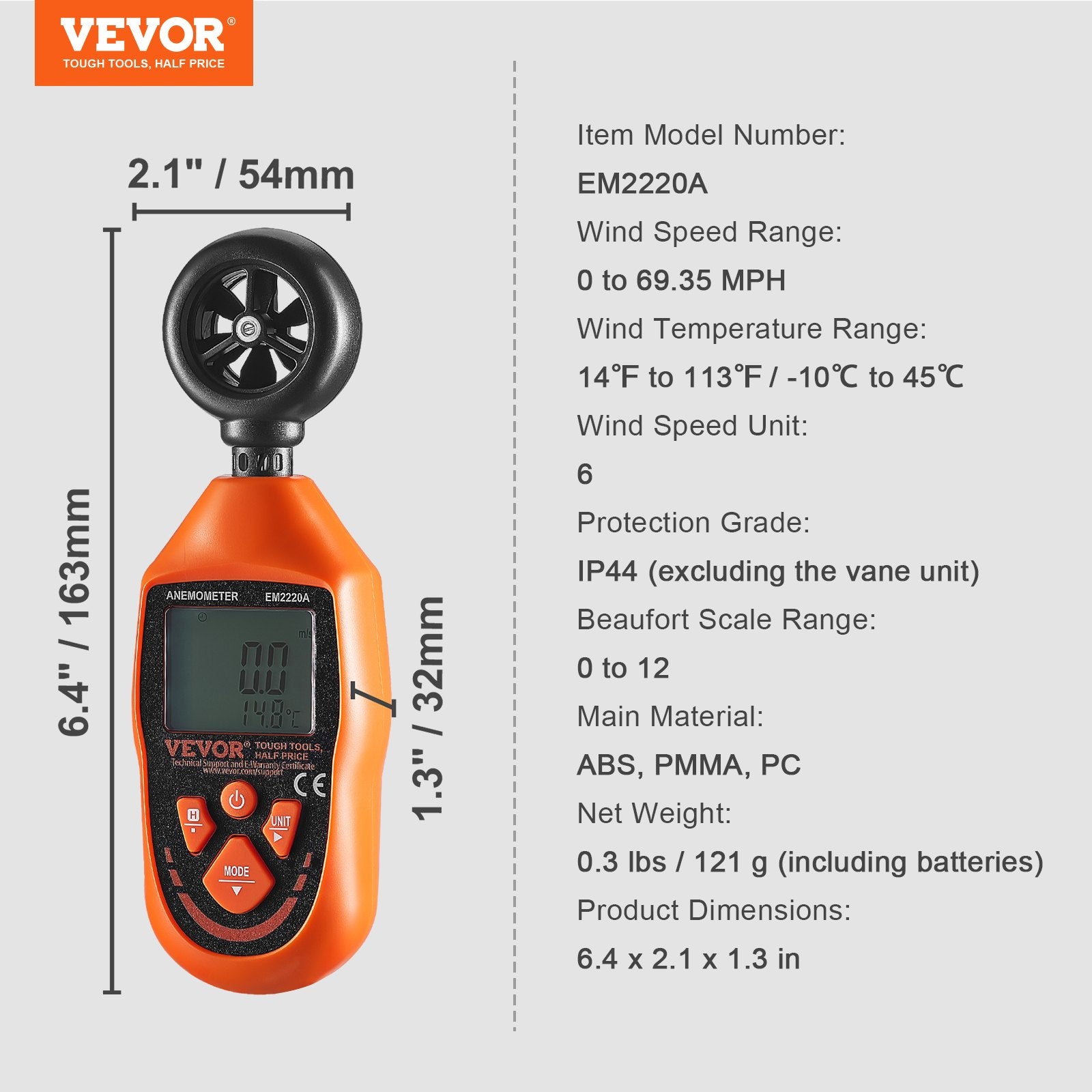 Handheld Anemometer Digital Wind Speed Meter -10℃ to 45℃ with LED Screen