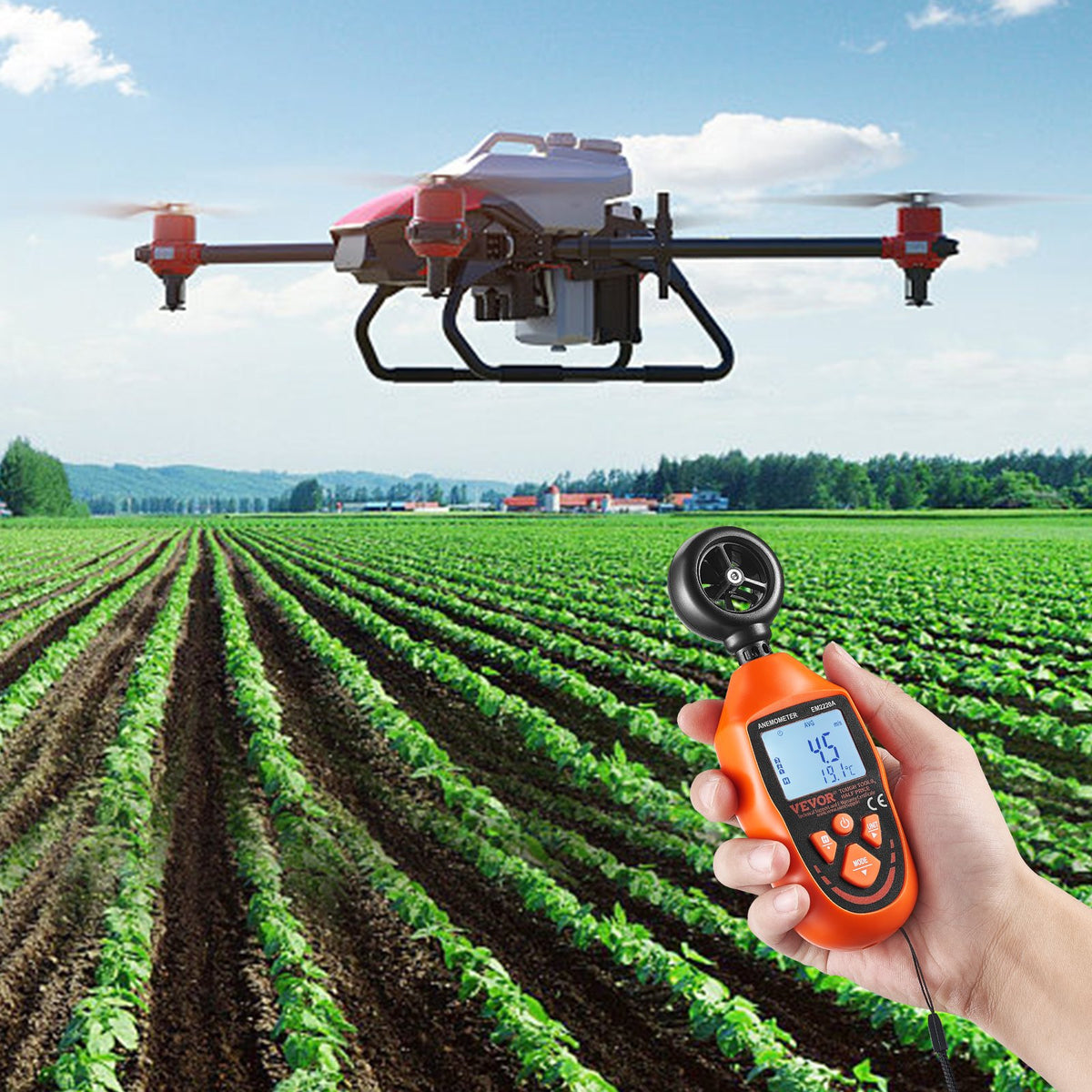 Handheld Anemometer Digital Wind Speed Meter -10℃ to 45℃ with LED Screen