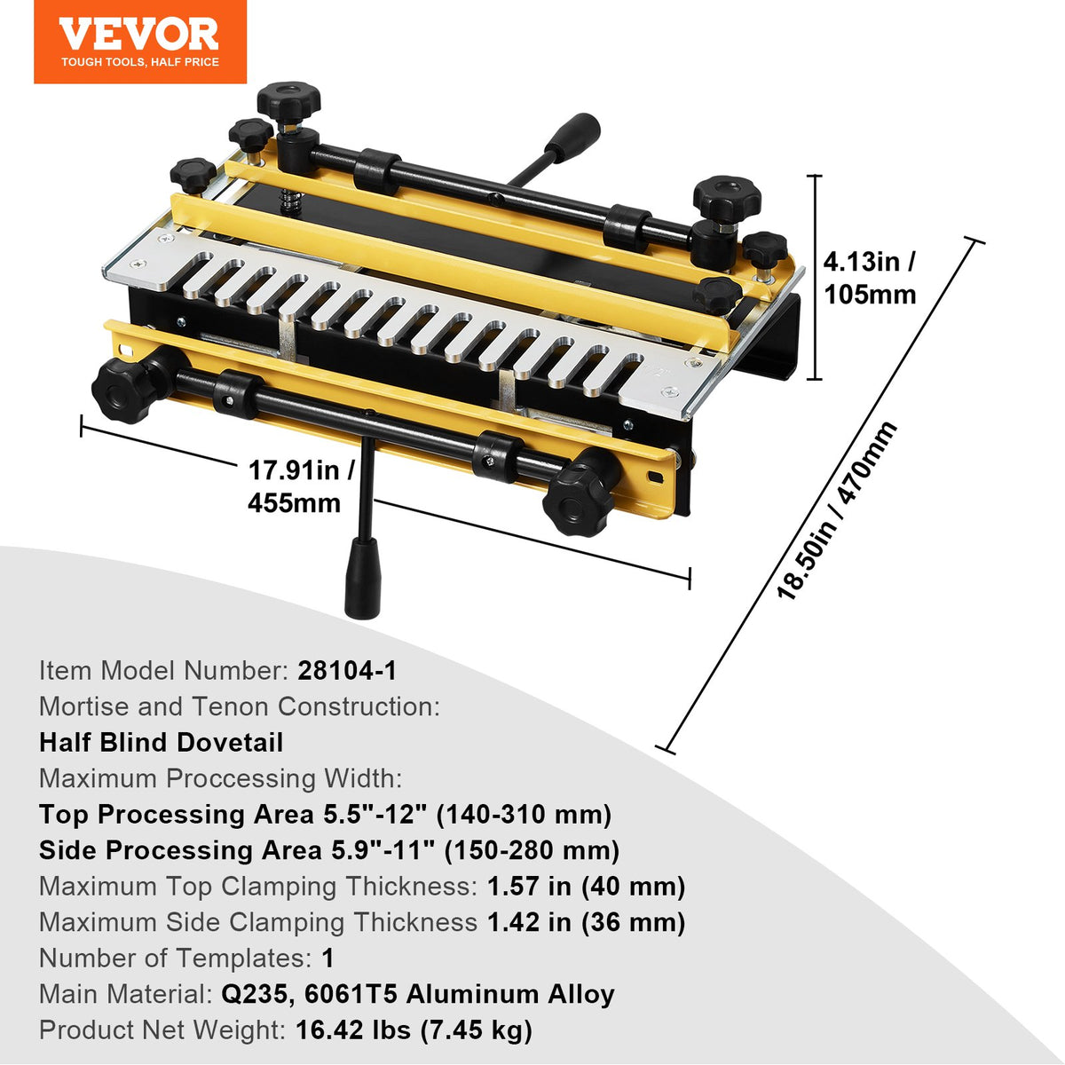 Dovetail Jig, 310 mm Width with Router Bit and 1/2” Template for Woodworking
