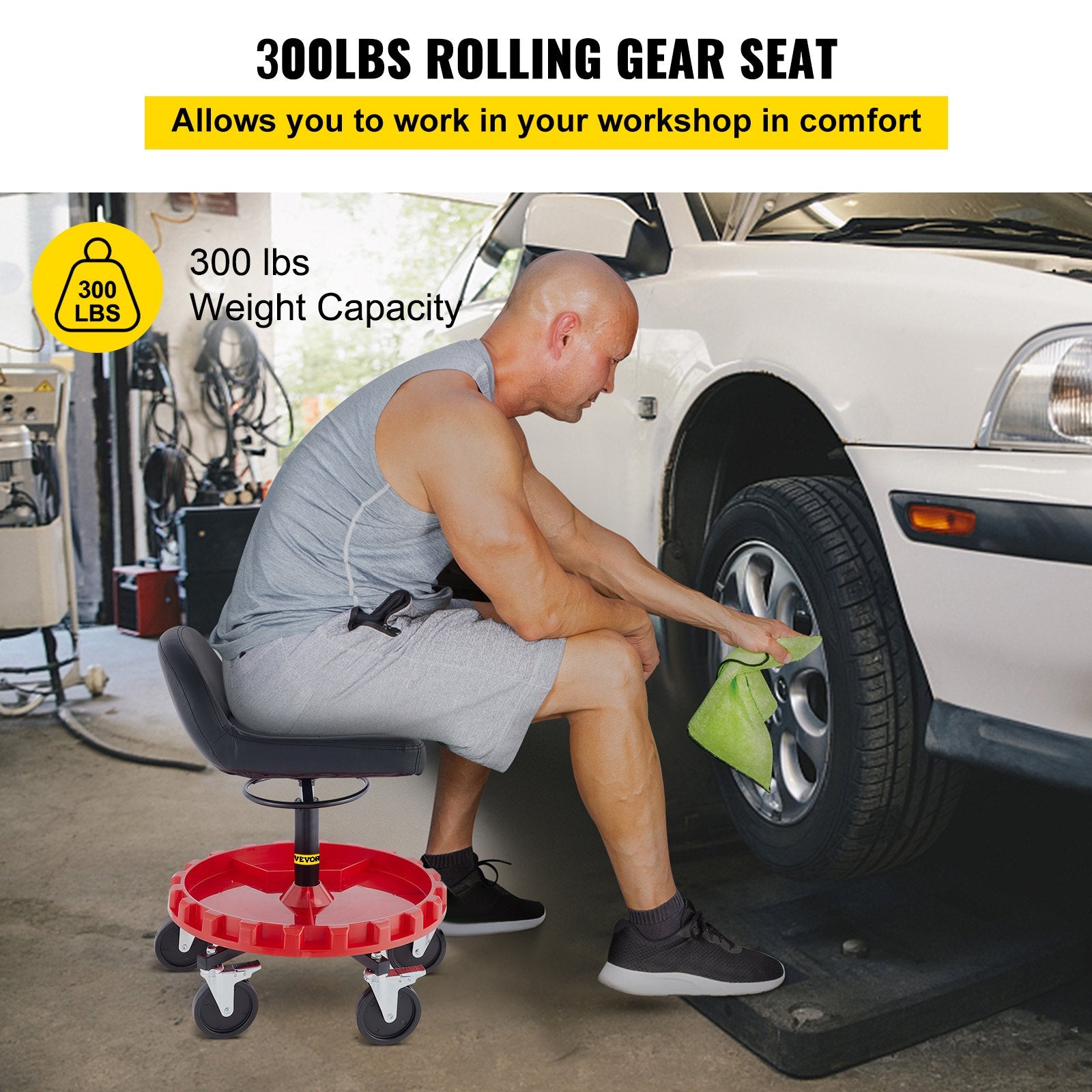 Shop Stool 135KG Rolling Garage Seat 56-66cm Adjustable Height 12.7cm Casters