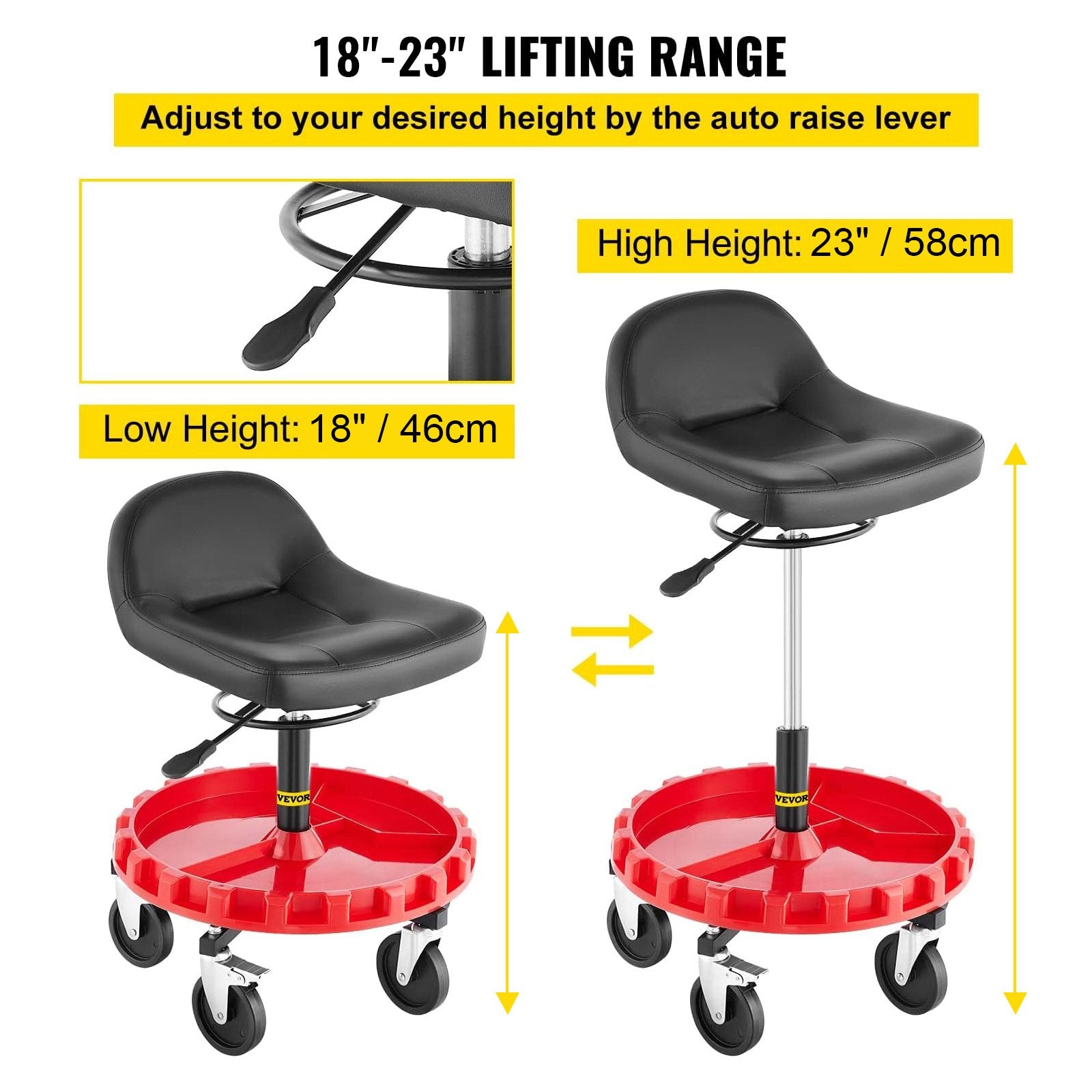 Shop Stool 135KG Rolling Garage Seat 56-66cm Adjustable Height 12.7cm Casters