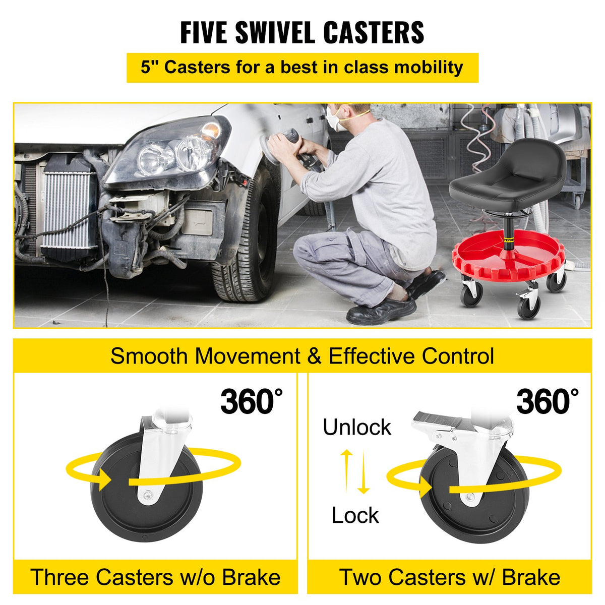 Shop Stool 135KG Rolling Garage Seat 56-66cm Adjustable Height 12.7cm Casters