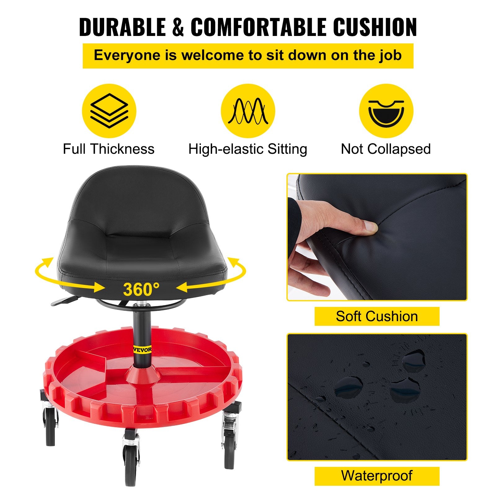Shop Stool 135KG Rolling Garage Seat 56-66cm Adjustable Height 12.7cm Casters
